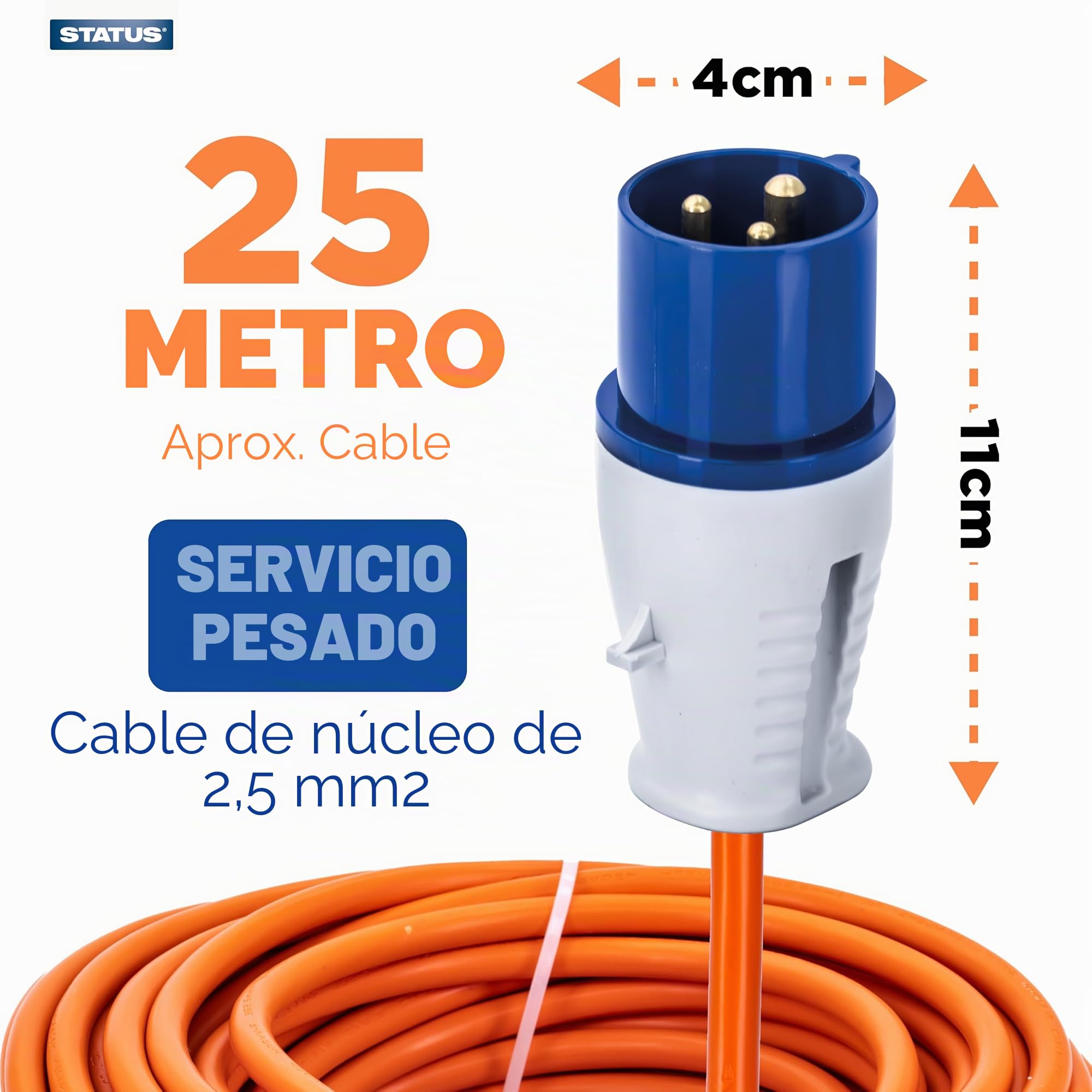 Status Cable de extensión resistente de 25 m, núcleo de 2,5 mm, 16 A/230 V, IP44 resistente a la intemperie, ideal para camping, caravanas, autocaravanas y sitios de construcción (25M16A2.51PK4)