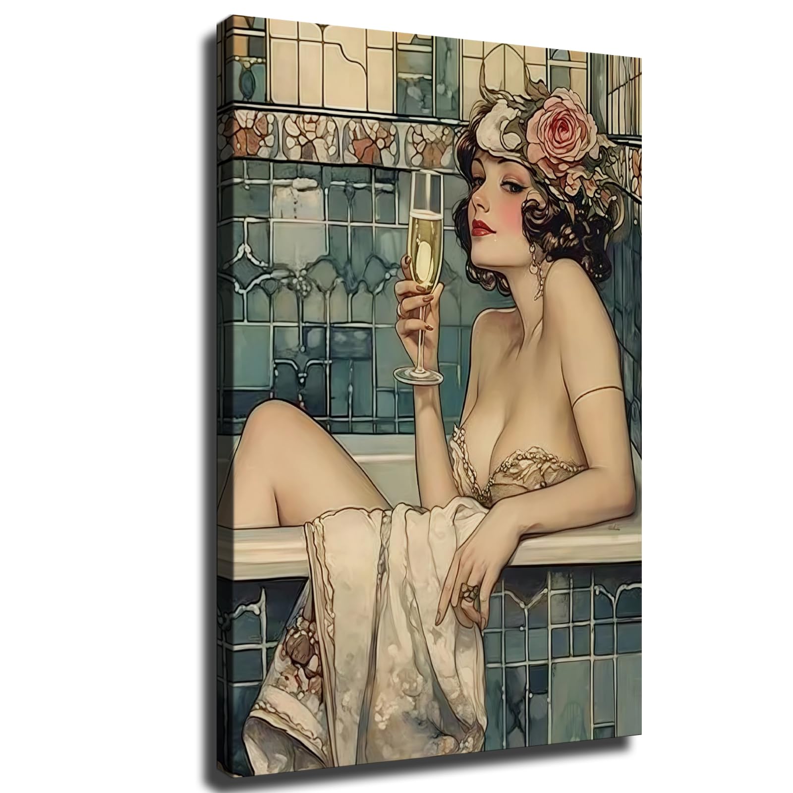 Woman in Bathtub with Wine Wall Art, Glamorous Coquette Aesthetic Room Decor, Alcohol Fashionista Gift Framed Poster Ready To Hang for Living Room (Framed,16×24-inch)