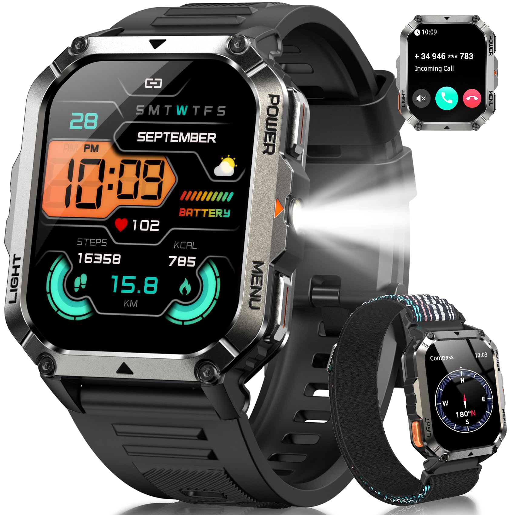 IOWODO Reloj Inteligente Hombre, 2.01" Militar Smartwatch con Llamadas Bluetooth, 20 Días Batería, Linterna LED, Brújula,123 Modos Deporte, 24h Pulsómetro/SpO2/Sueño, IP68, 2 Correas (iOS/Android) Carbonfree Certified