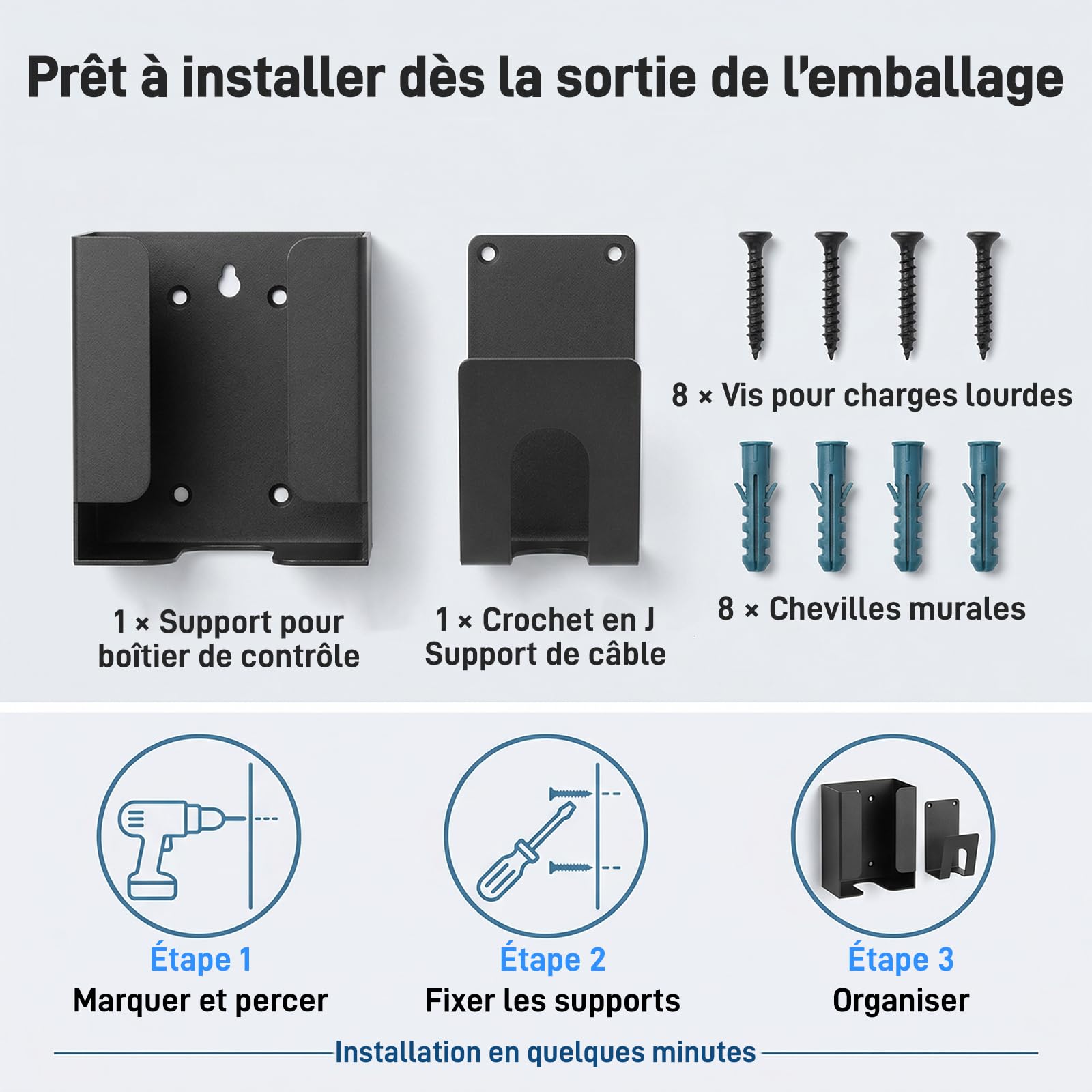 Kit Support Chargeur Véhicule Électrique – Organisateur Mural avec Support Boîtier de Contrôle et Crochet J pour Chargeurs EV Portables, Support Métallique Robuste pour Gestion Câbles EV