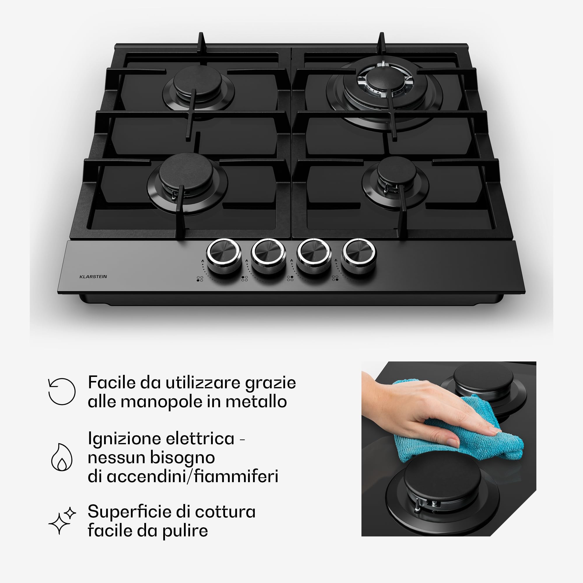 Klarstein Verosteel Piano Cottura Gas 60cm - 4 Fuochi, 8000W, Vetro & Acciaio Inox, GPL/Naturale, Accensione Elettrica, Sicurezza Fiamma, Fornello a Gas Cucina, Acciaio inossidabile nero