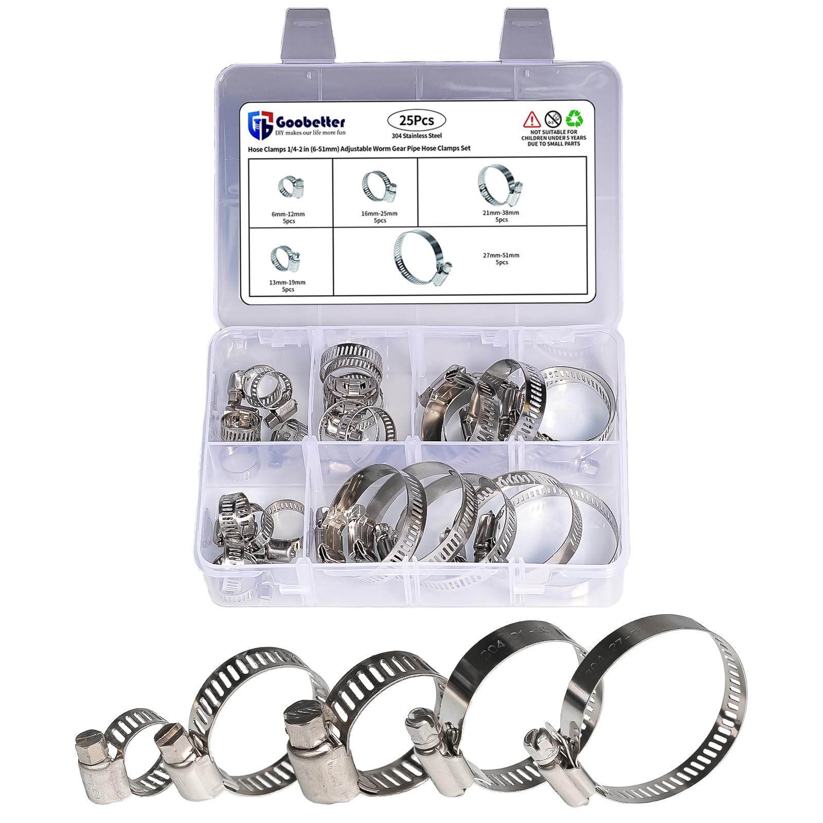 25PCS Stainless Steel Hose Clamps (1/4-2 Inch, 6-51mm) - Heavy Duty Worm Drive Clamps for Plumbing, Automotive, Radiator, HVAC, Dishwasher, Washing Machine Repair