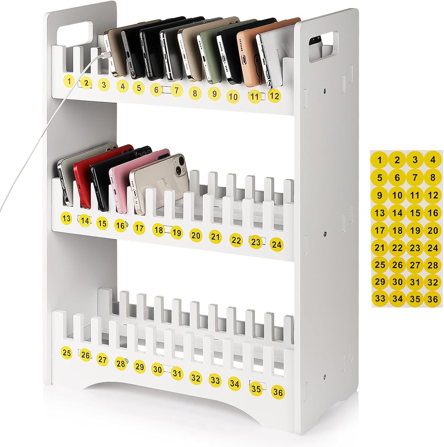 cell phone holder classroom cell phone storage 3-tier multiple cell phone stand rack with 1-36 number stickers pvc board mobile phone holder desktop organizer for classroom office 36 slots white