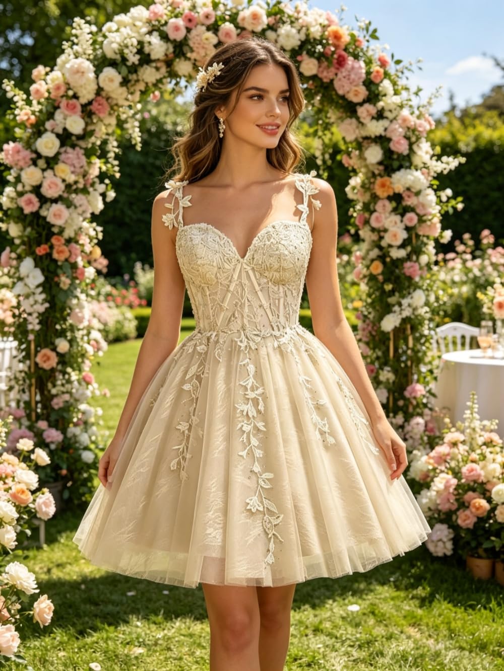 Eightale Vestido corto de tul con apliques de encaje para adolescentes, vestido de fiesta de graduación 2024