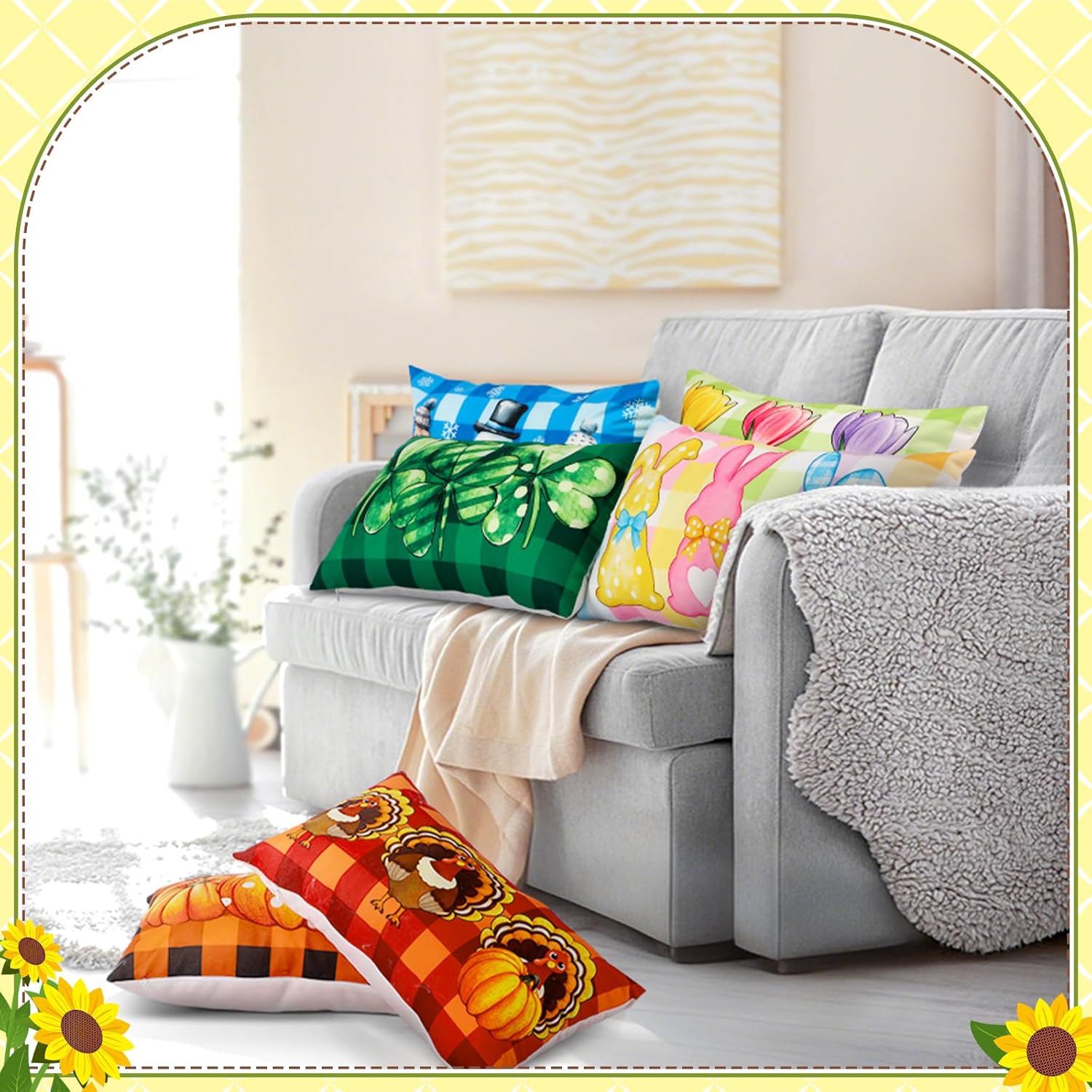 Mindsoft 14 Pcs Seasonal Holiday Pillow Cover 12 x 20 Inch Spring Patriotic Summer Lumbar Throw Pillow Covers Holiday Decorative Rectangle Throw Pillowcase for Home Office Sofa Decoration