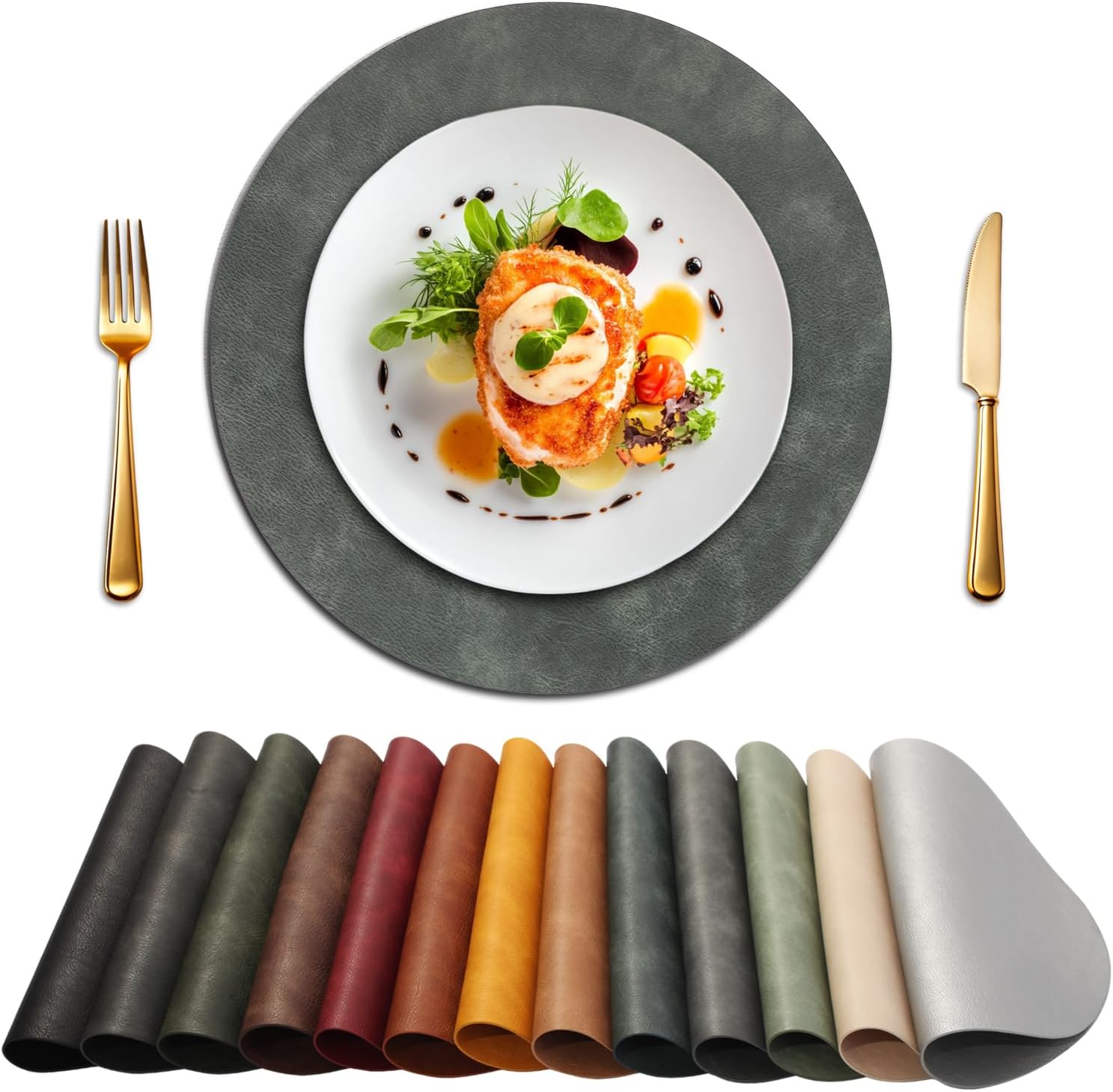 UnivoColors Placemats Round Faux Leather Placemats Set of 6-Waterproof-Wipe Clean-Heat Resistant-Anti Slip Dining Table Place Mats,Suitable for Indoor & Outdoor Use,15".Retro Blue Grey