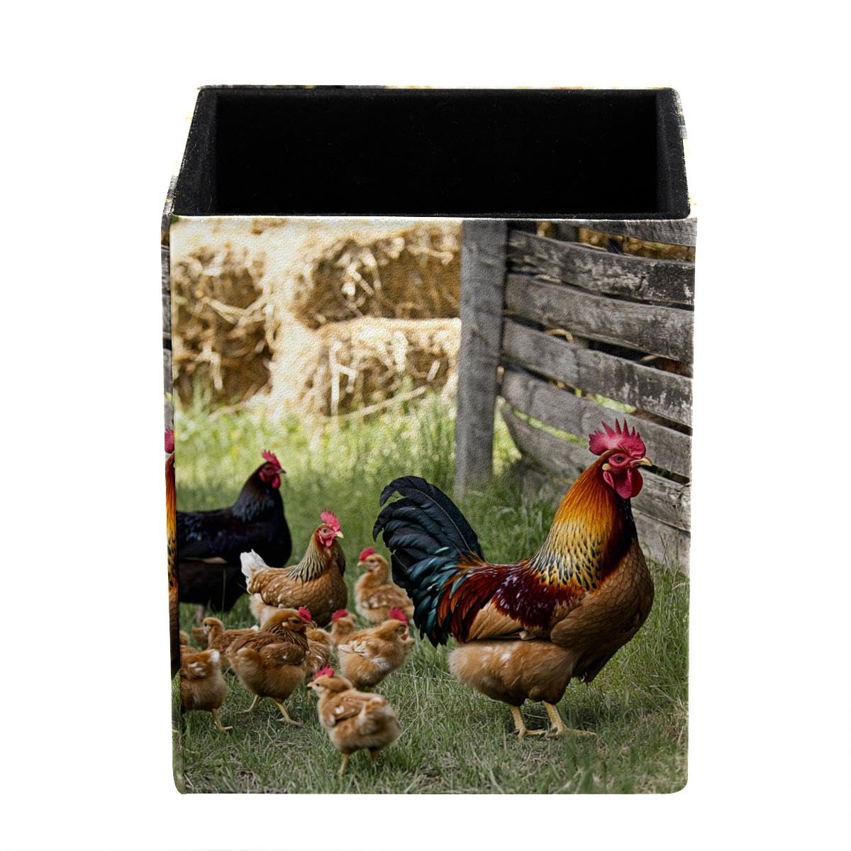 HEOEH Farm Rooster Chicken Pen Holder Pen Pot, Square Pencil Cup for Desk