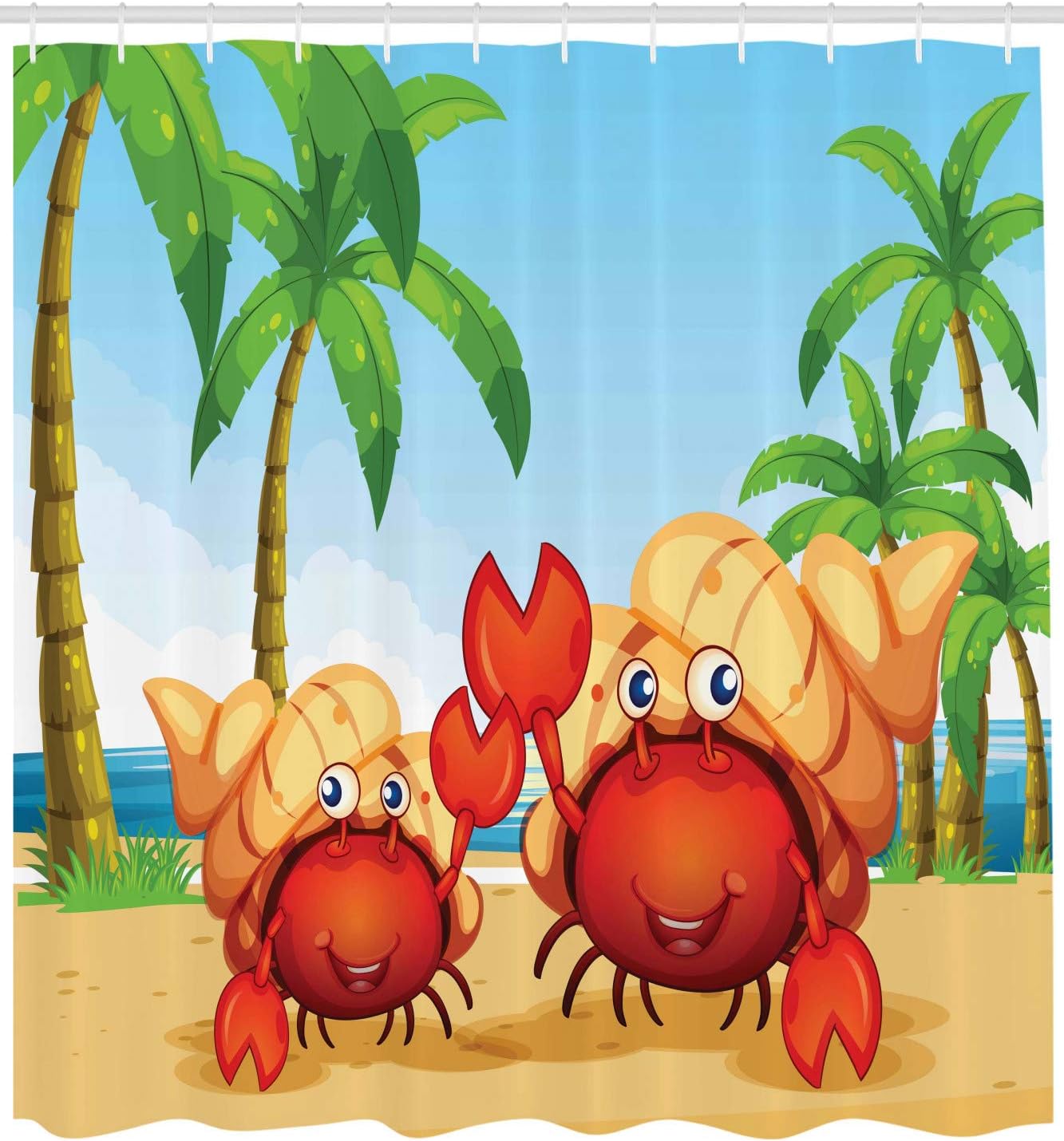 Ambesonne Hermit Crab Shower Curtain, Smiling Hermit Crabs with a Tropical Setting on The Background, Cloth Fabric Bathroom Decor Set with Hooks, 69" W x 70" L, Pale Sky Blue Multicolor