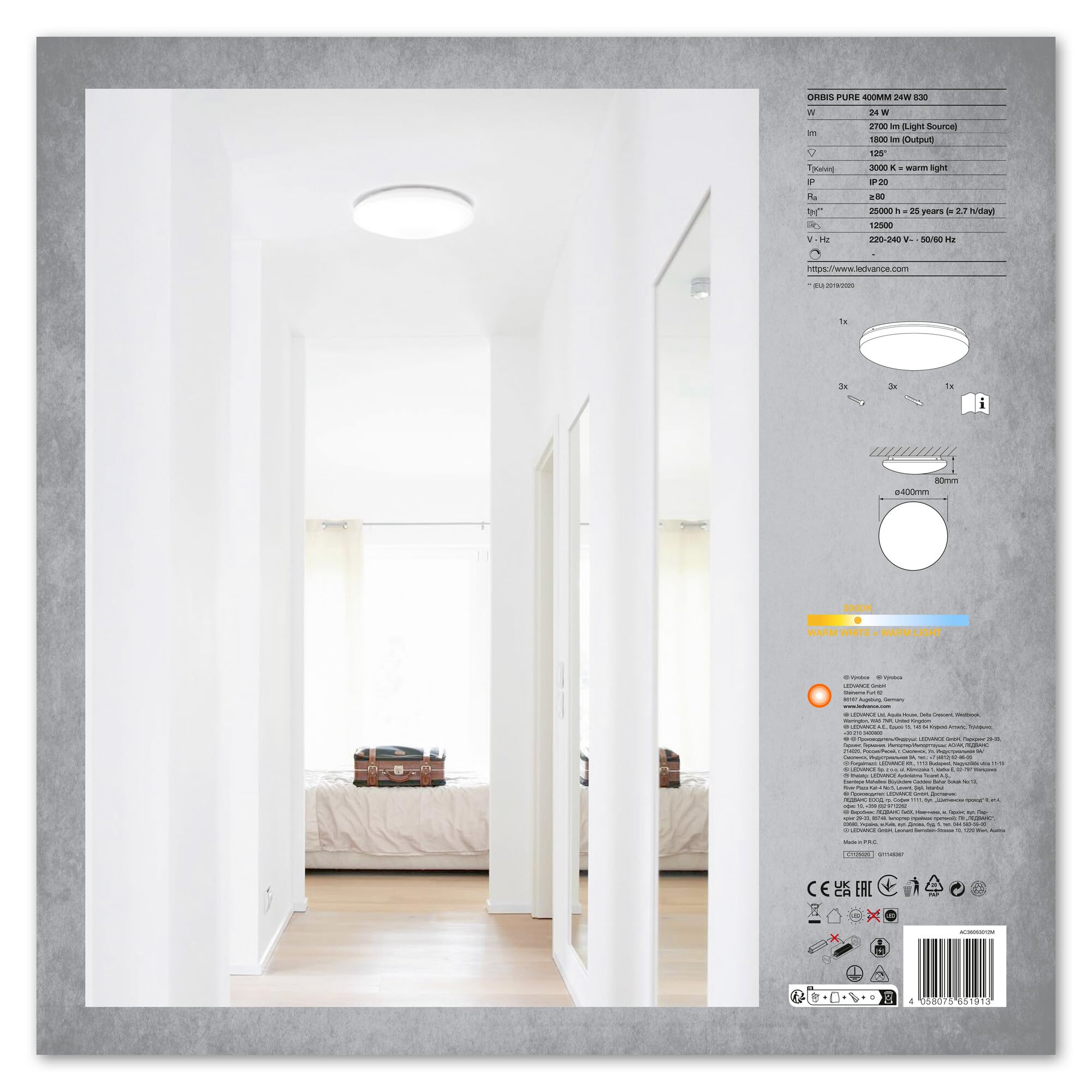 LEDVANCE Orbis Pure 400MM 24W 830 24 W, Bianco Caldo