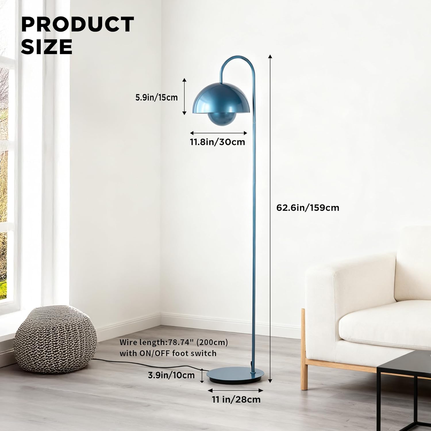 Arc Floor Lamps for Living Room, Mushroom 63" Tall Standing Lamps Decorative Floor Lamp Colorful Farmhouse E26 Lighting Fixture, Vintage Bedroom Modern Floor Lamp (Cobalt Blue)