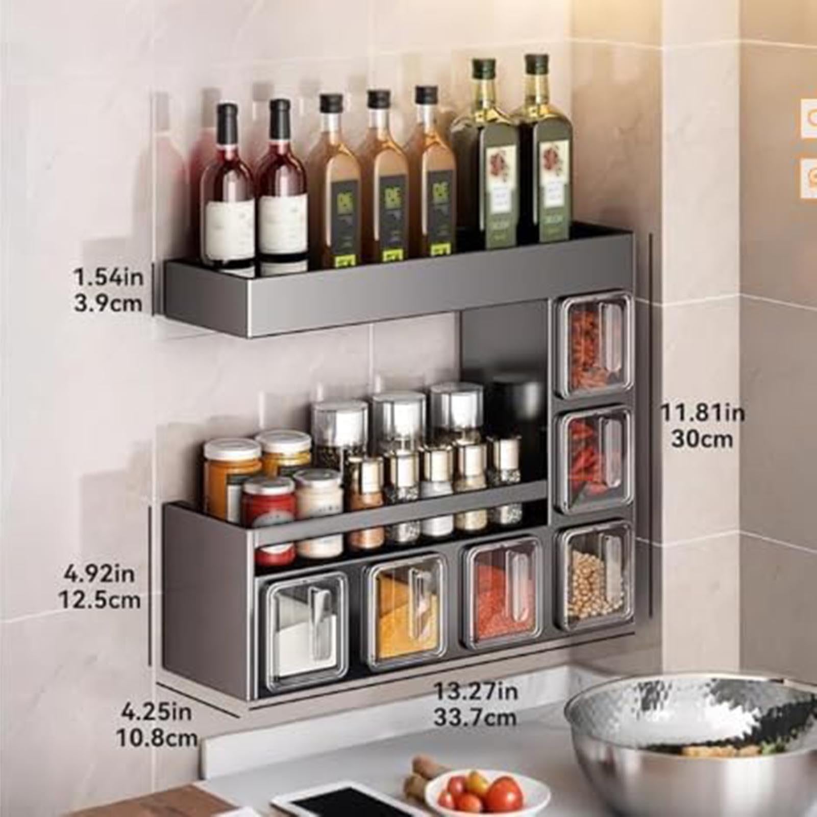 THEGA Estante para Especias De Pared con 6 Frascos Y Cucharas, Resistente A La Corrosión, Sin Necesidad De Taladrar, Estante De Almacenamiento De Cocina Multifuncional