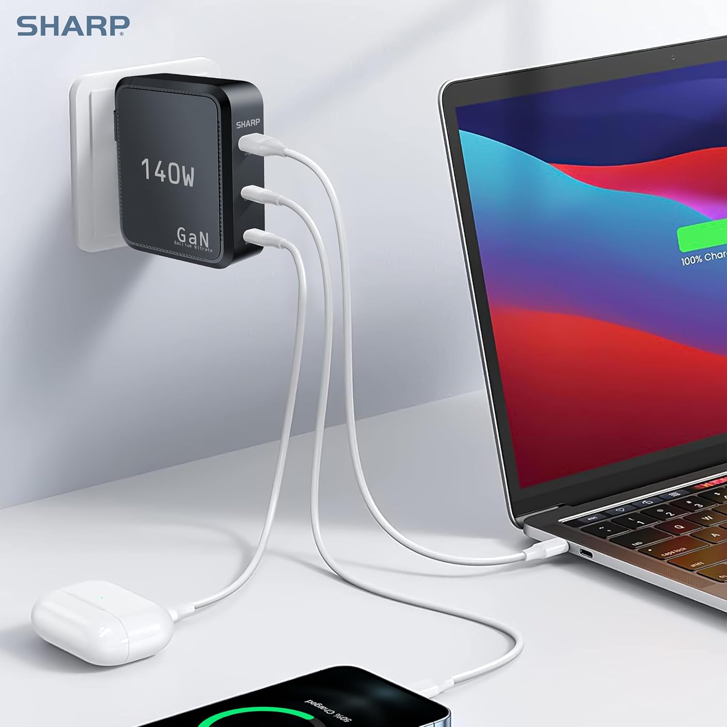 Sharp 140W USB C Charger, Compact Foldable GaN Fast Charge 3-Port (2 USB-C, 1 USB-A), Compact Foldable Wall Charger for MacBook Pro/Air, iPad Pro, iPhone 15/Pro, Galaxy S22/S21, Dell XPS, Black