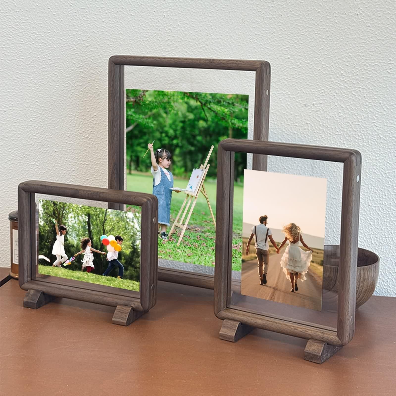 Fotorahmen 10X15, Picture Frame Nussbaum Rechteck Holz Acryl Horizontal/Vertikal für Tischplatte