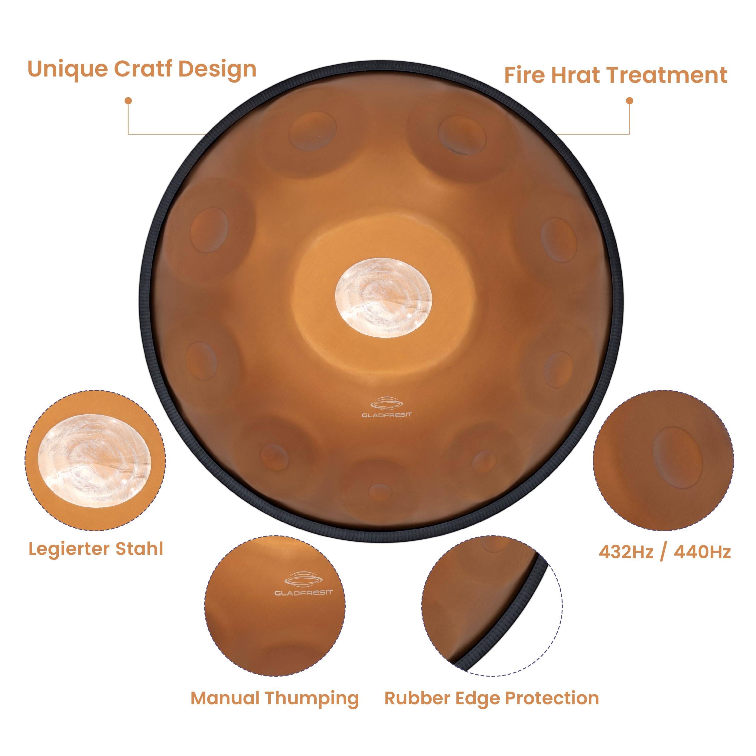 GLADFRESIT Tambour à Main, 440 Hz, 10 Notes De 55,8 Cm, En D Kurd