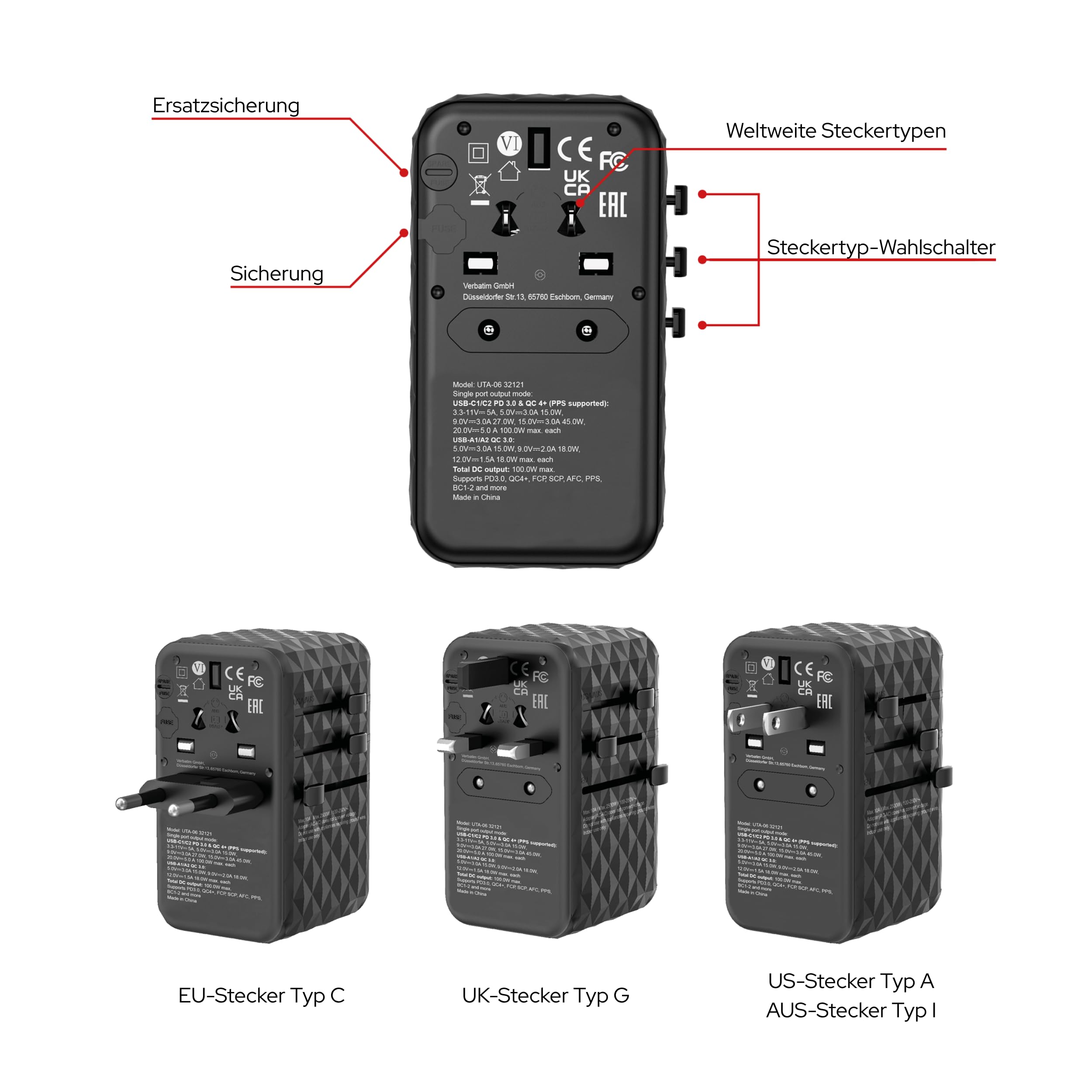 Verbatim GaN Universal Reiseadapter UTA‑06 100 W, Steckdosenadapter mit 2 USB‑A und 2 USB-C Anschlüssen, Schnellladegerät für Laptop, Handy, Kamera und Co, Reisestecker weltweit einsetzbar, 100-250 V