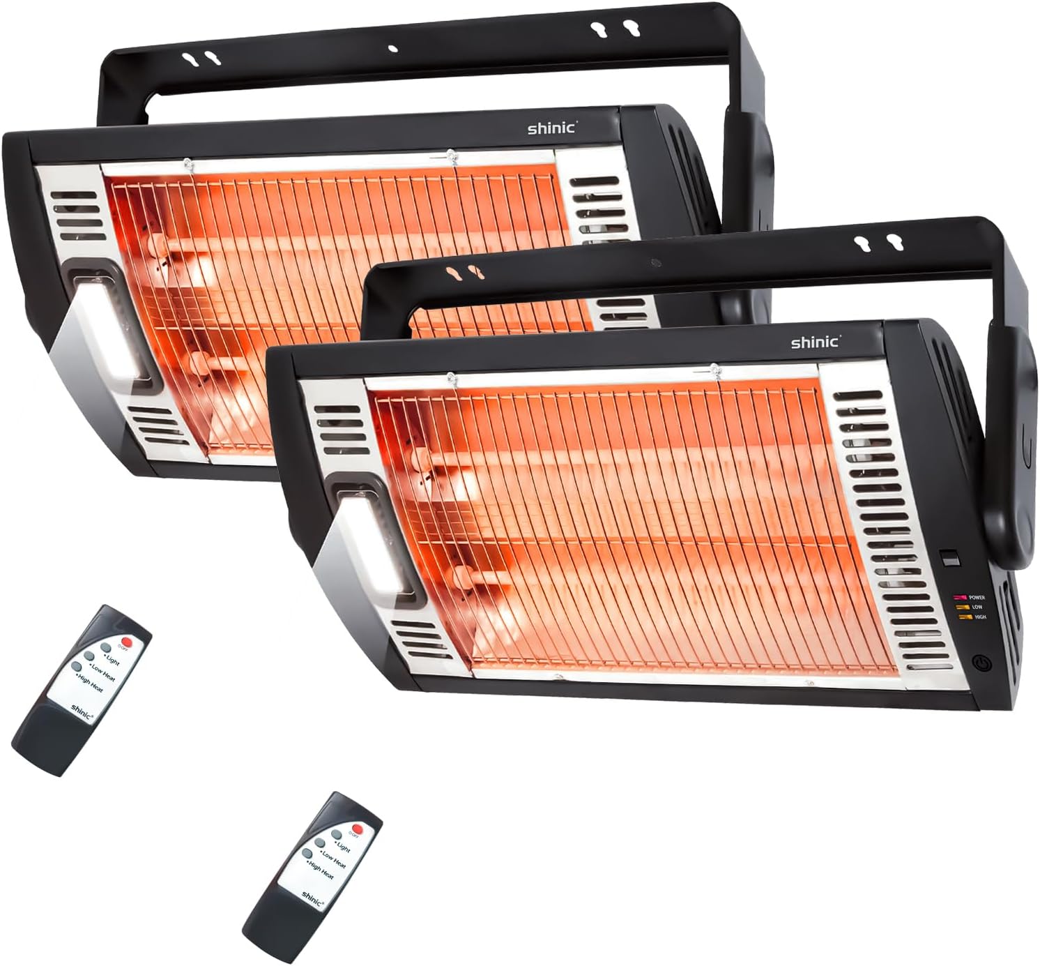 Shinic 2 Packs Electric Garage Heaters with Remote Control, 1500W/750W Ceiling Mounted Radiant Quartz Heater with Work Light, 90° Rotation, 5 Mode Settings, Electric Heater for Garage, Shop, Patio