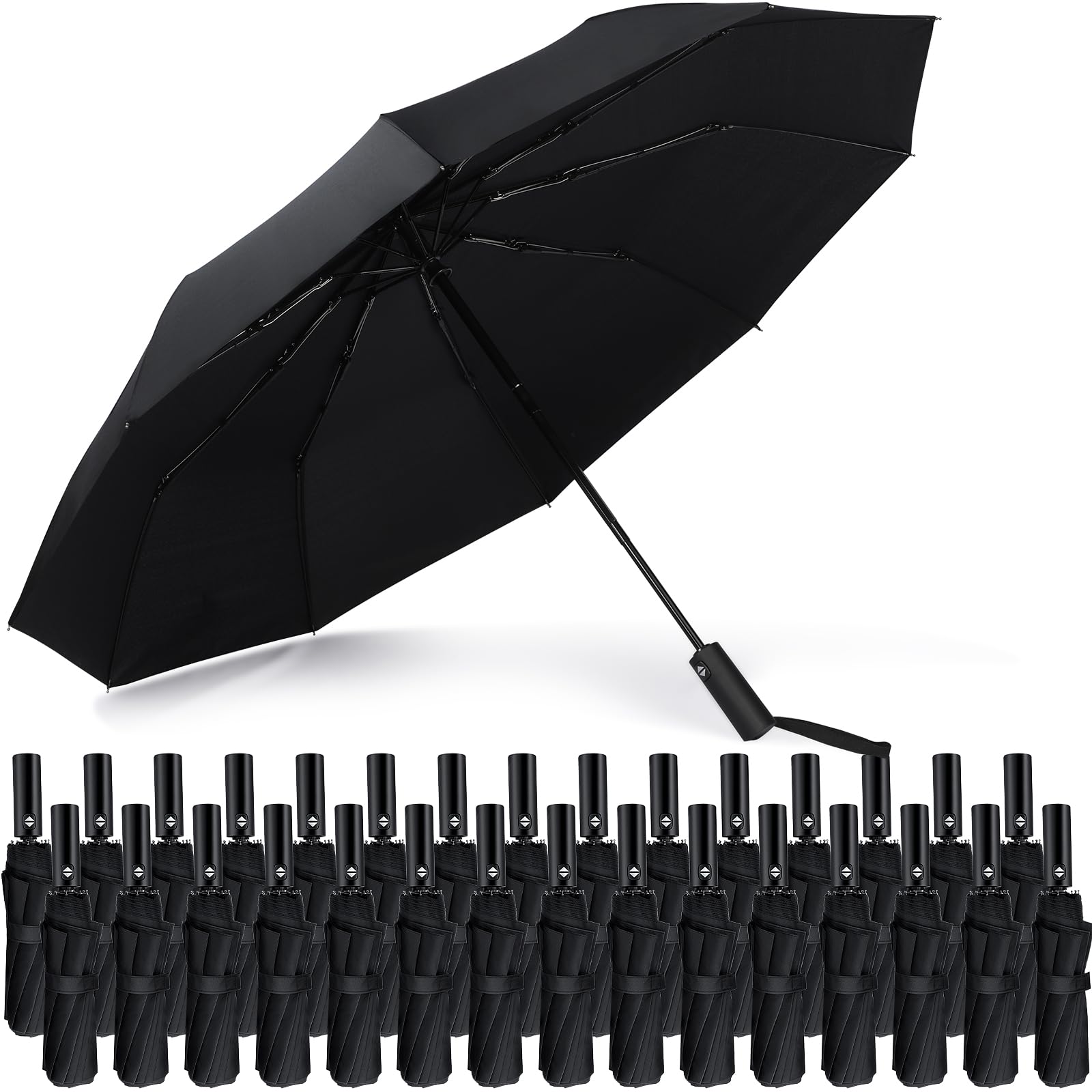 Jexine 30  Pcs Portable Travel Umbrella Bulk 10 Ribs Windproof Automatic Open Close Compact Umbrella Strong Light Folding Umbrella for Rain Car Backpack, Black