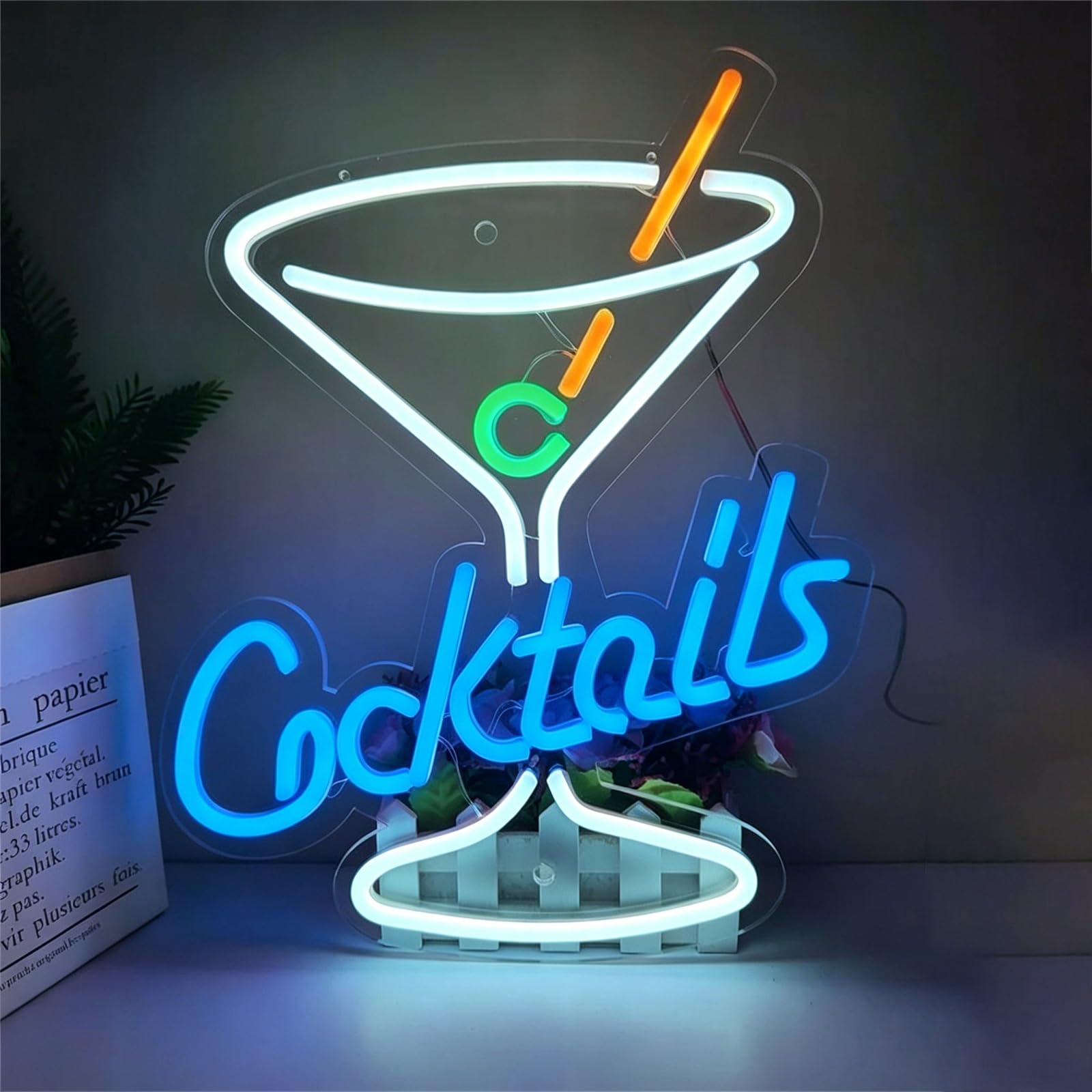 KEYQEEN Cocktails Neon Sign for Wall Decor, Bar Club Shop Signs Dimmable USB LED Man Cave Party Neon Lights,Blue,40x30cm