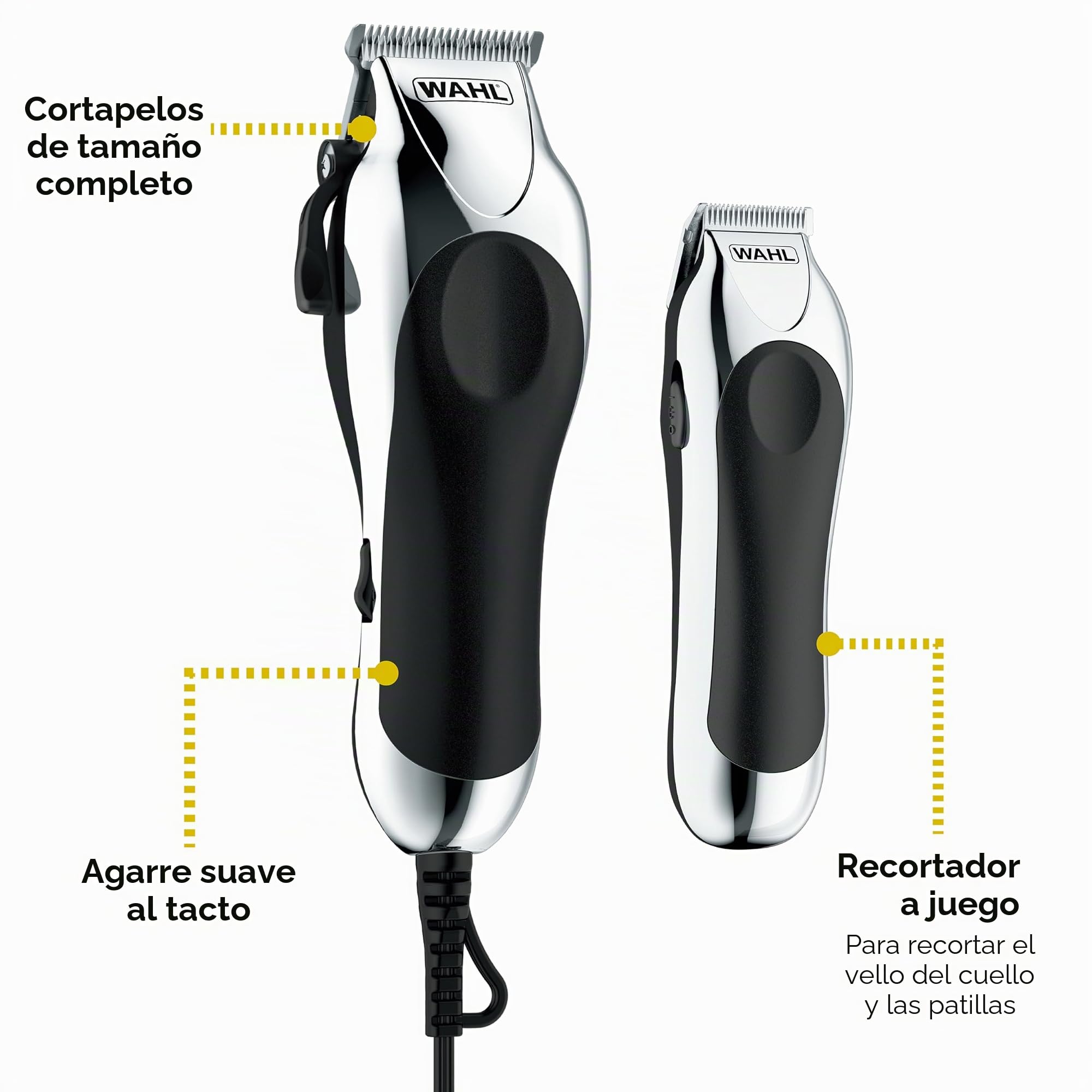 WAHL Chrome Pro Deluxe cortadora de pelo eléctrica con cable y palanca de ajuste, kit completo con recortadora a pilas, capa, espejo, tijeras, 10 peines guía, pinzas para el pelo