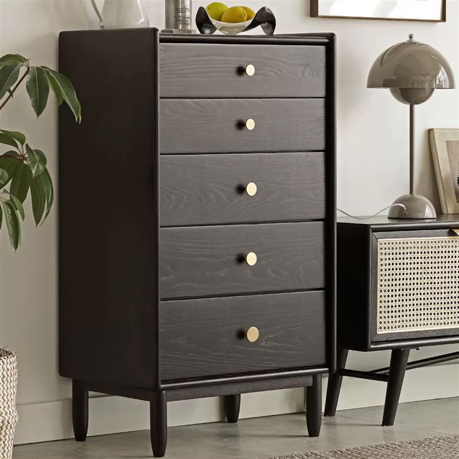 Cómoda Cajones Cajonera Alta con Almacenamiento Cómoda de Dormitorio de Madera Maciza contra la Pared Cómoda de Madera de Fresno Negro Cómoda de 5 cajones for Pasillo, Entrada Cajonera