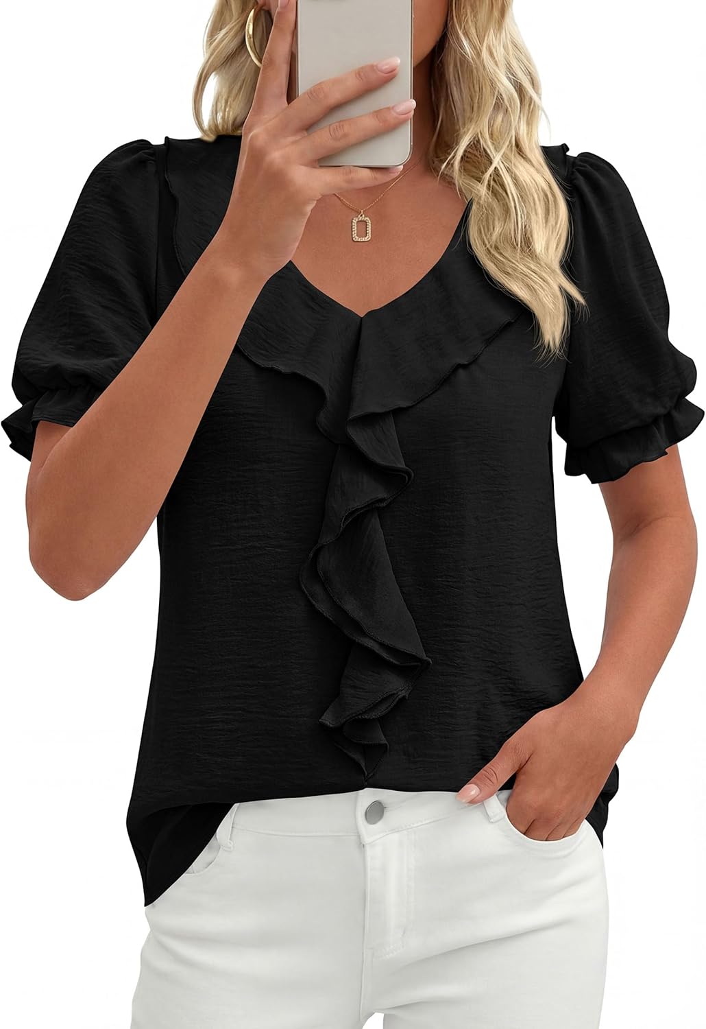 PRETTYGARDEN Women's Summer Dressy Casual Blouses 2026 Short Sleeve V Neck Ruffle Business Work Tops Trendy Spring Outfits - Image 4