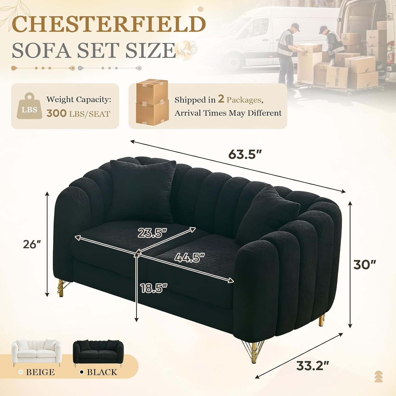 Black Cloud Couch for Living Room, 63.5" Modern Comfy Overstuffed Deep Seat Tufted Sofa with Gold Legs & Pillows, Plush Teddy Boucle Upholstered Curved Loveseat Settee with Round Arm (Black, 2 Seater)