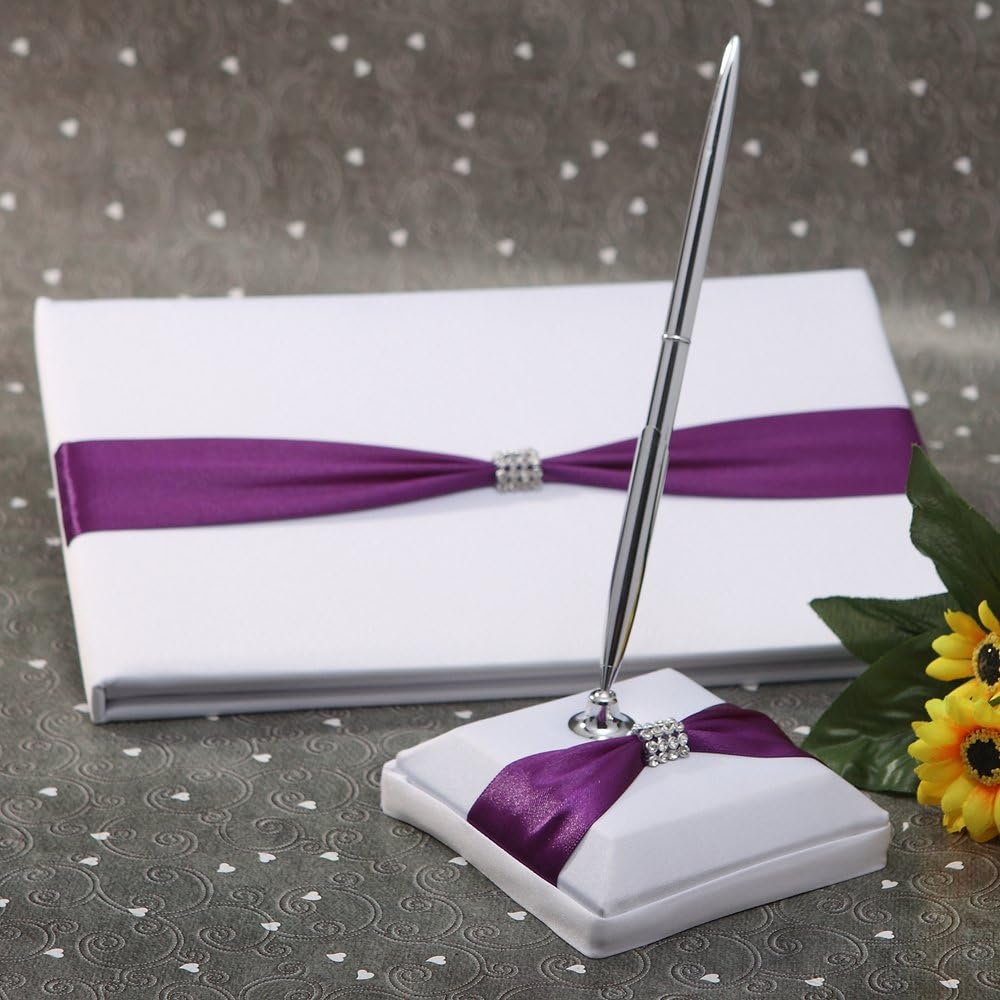 KateMelon Purple Knot with Rhinestone Wedding Guest Book and Pen Set