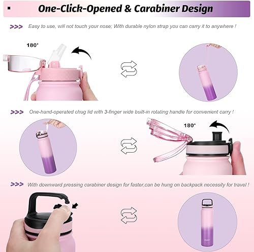 Miniatura 4 de Oldley Botella de agua aislada con pajilla, botellas de agua de acero inoxidable de 32 onzas con 3 tapas, aislamiento al vacío de doble pared