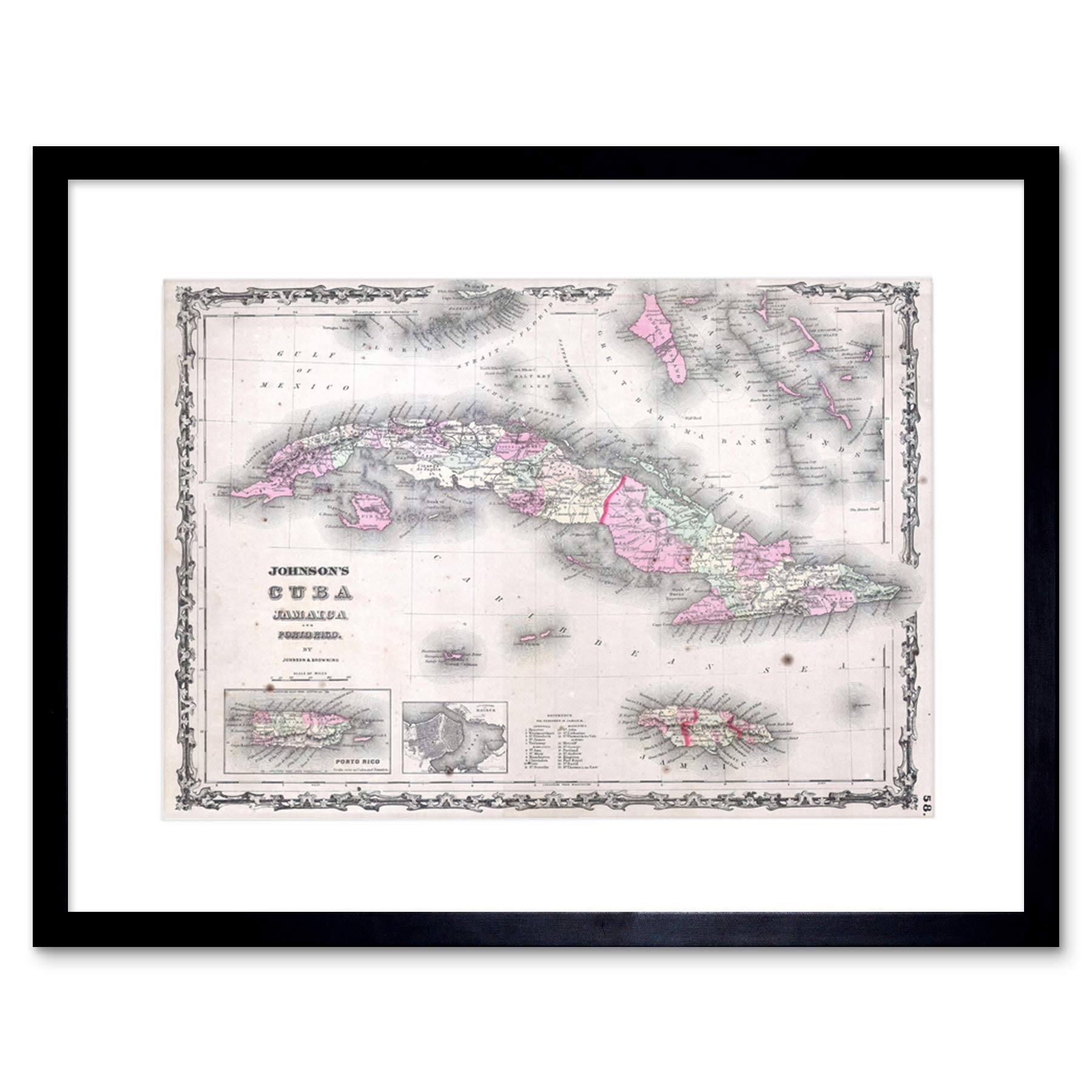 Wee Blue Coo Map Antique Johnson Cuba Jamaica Framed Wall Art Print
