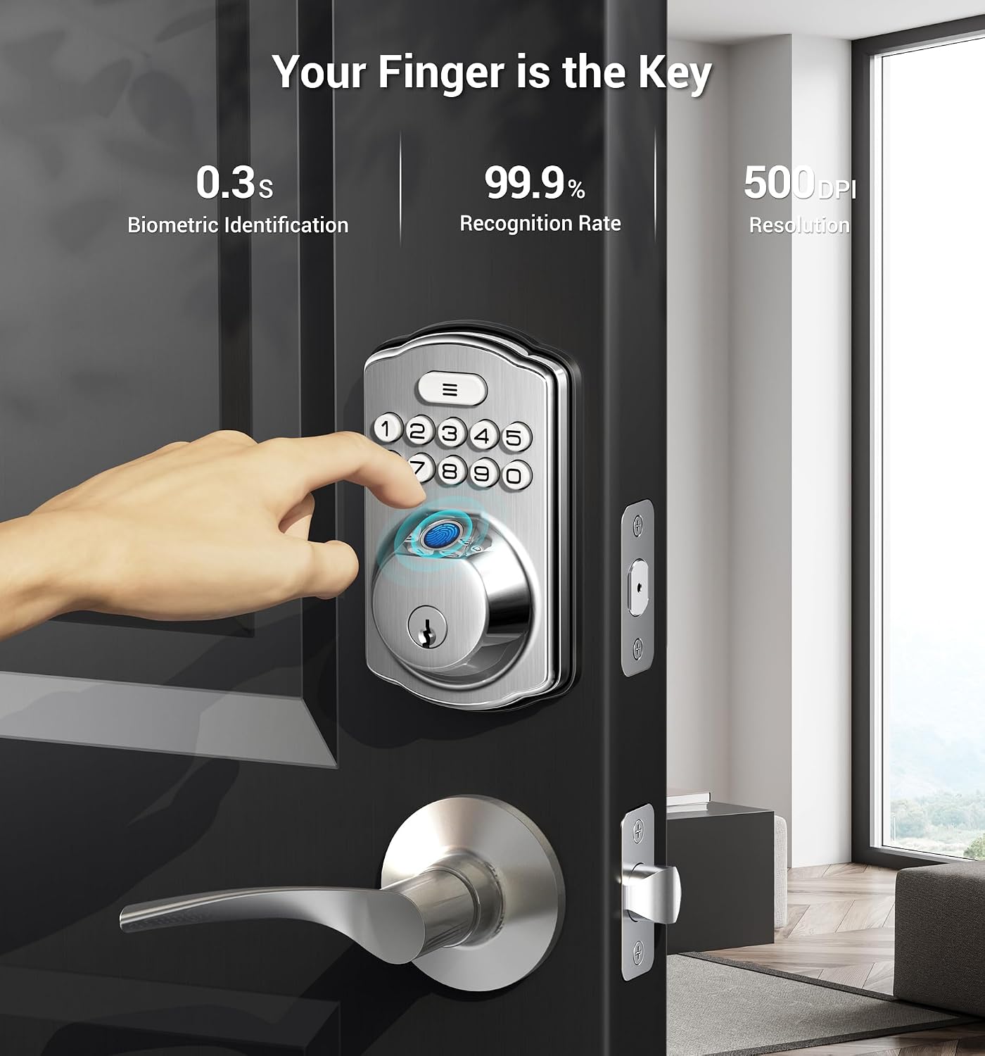 Veise Fingerprint Door Lock with 2 Lever Handles - Keyless Entry Door Lock with Handle, Electronic Keypad Deadbolt Front Door Lock Set, Auto Lock, 1 Touch Locking, Easy Installation, Satin Nickel