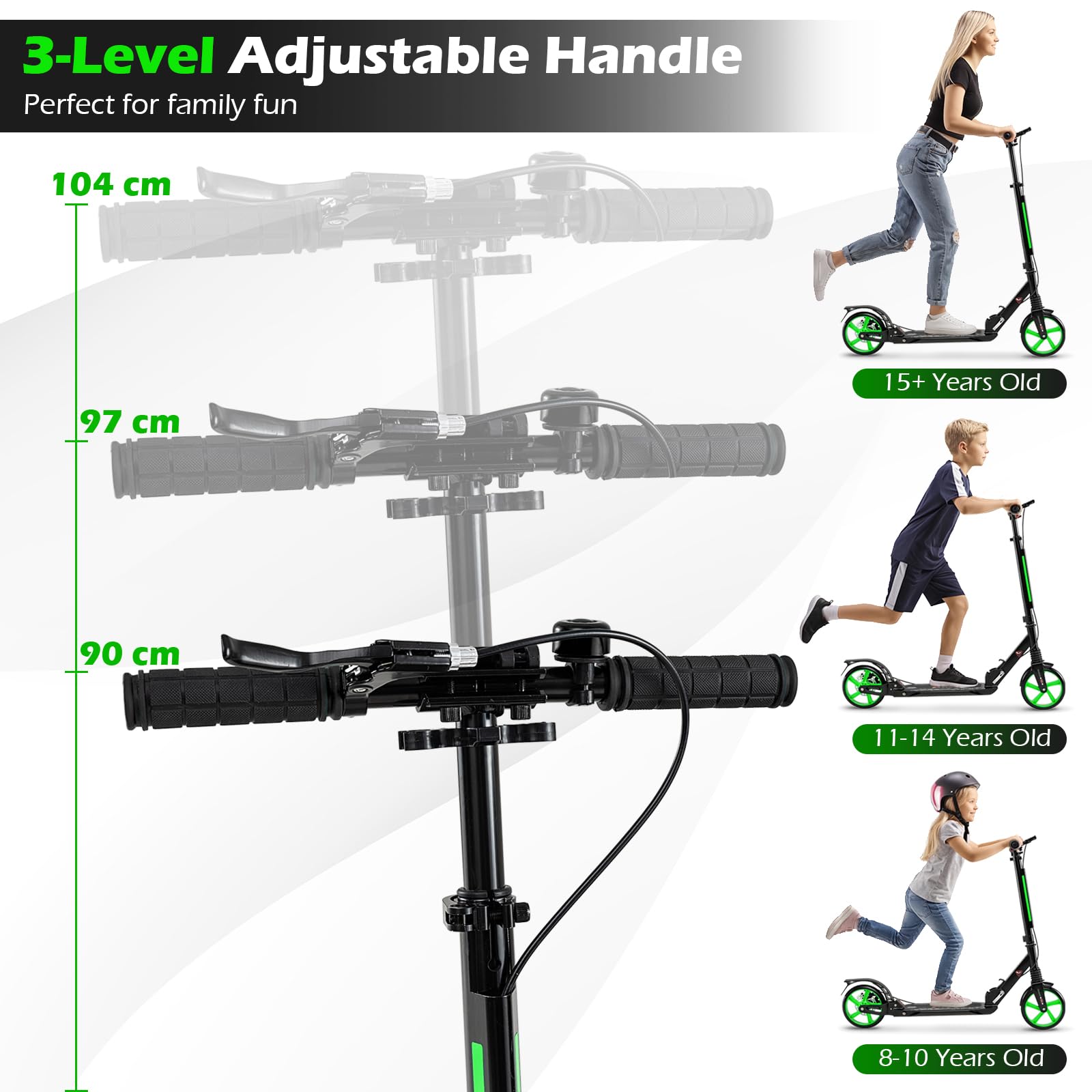 GYMAX Patinete Plegable, Manillar Ajustable para Adultos con Ruedas Grandes y Correa de Transporte, Patinete Ligero para Adolescentes y Adultos a Partir de 8 años
