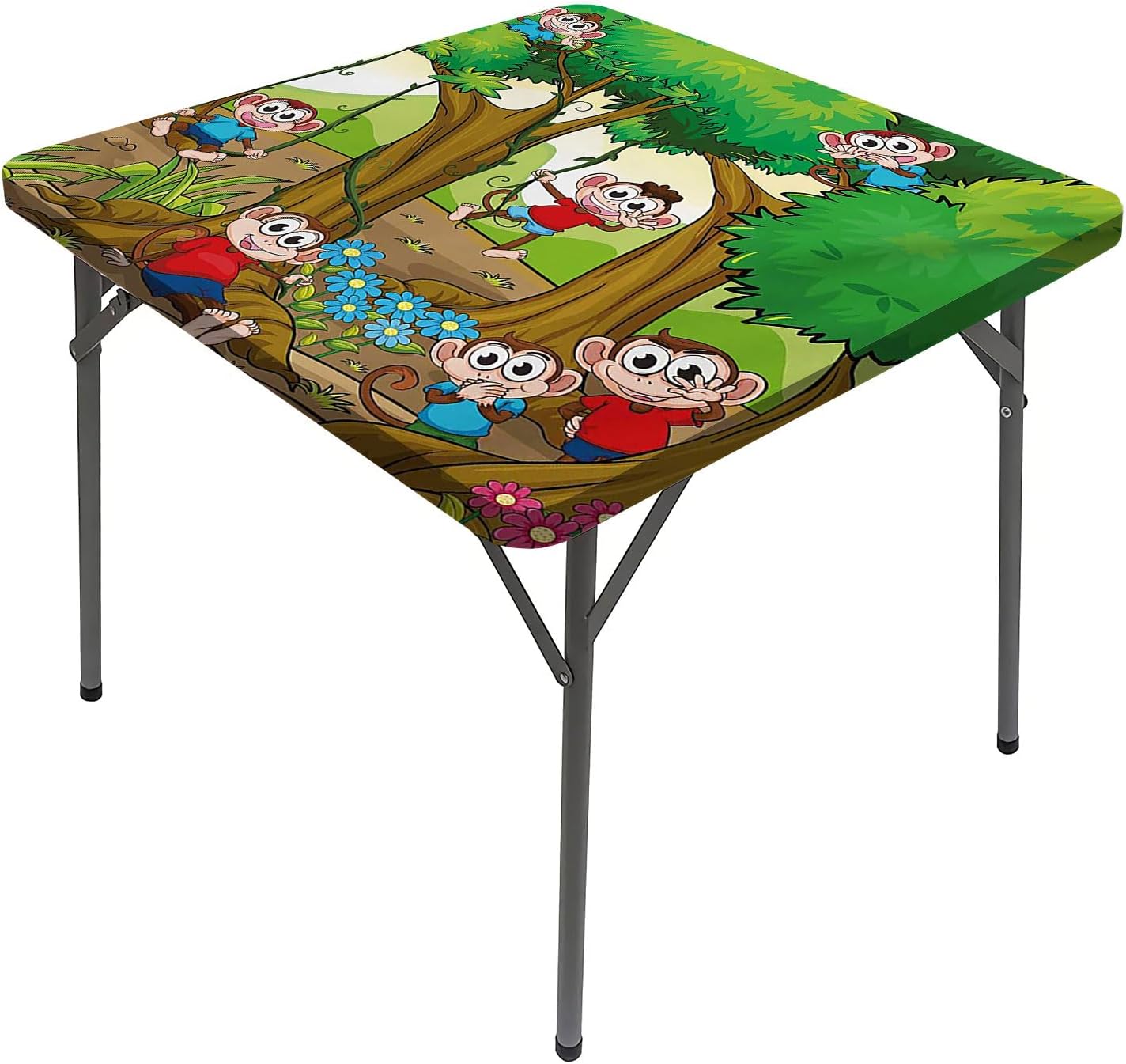 Cartoon Elastic Square Tablecloth, Children Kid Apes Monkeys Playing in Exotic Square Dining Table Cover, Fits 36x36 inch Table, for Outdoor Indoor Holiday Picnic Party Cloth, Multicolor