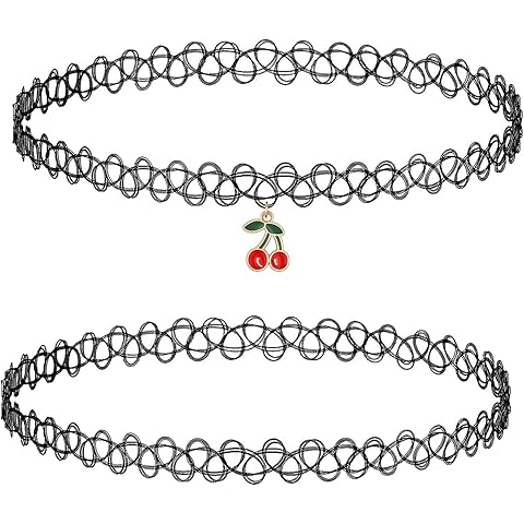 BodyJ4You 2PC Tattoo Choker Necklace - 90s Choker Necklace Women - 2000s Y2K Black Chokers Rainbow Choker - Butterfly Ying Yang Unicorn Rainbow Charms - Stretchy Elastic Necklace