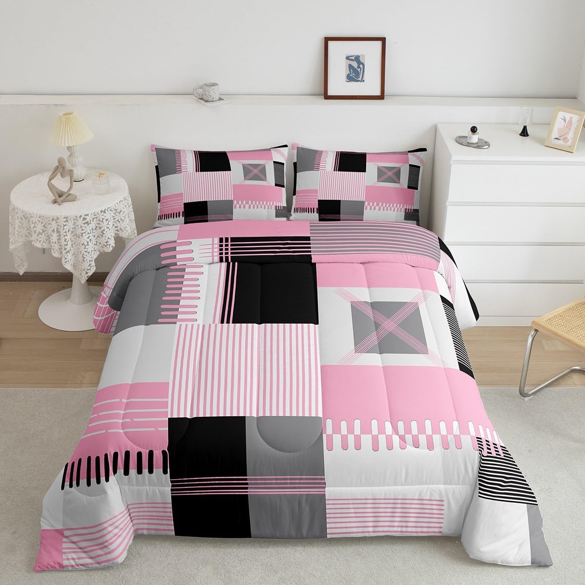 Feelyou Pink Geometric Duvet Quilt Queen Size Bedding Set for Kids Stripe Line Comforter Set Women Men Ultra Soft Modern Art Room Decor All Season Breathable Lightweight