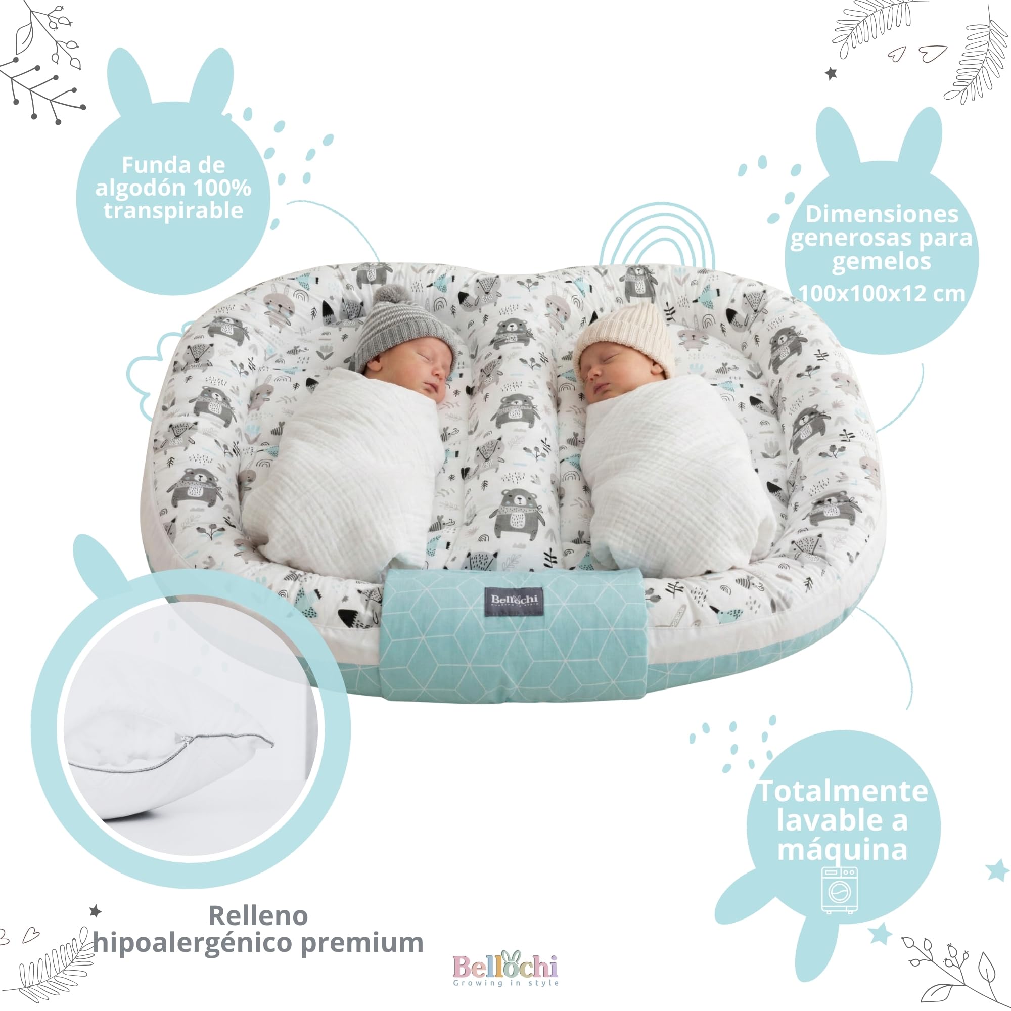 Bellochi Cocoon para Gemelos | Nido para Bebés 100x100 cm | Nido para Cuna | Nido para bebé | Multifuncional animaland