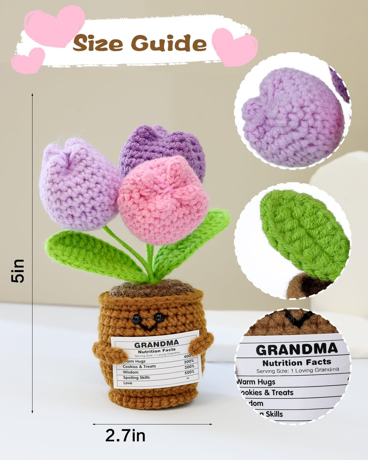 Crochet Flowers in Pot Gift – Handmade Crochet Tulip with Funny Nutrition Facts Card for Grandma – Humor Thanks Cards Cute Crochet Decor, Appreciation & Friendship Gift - Image 2
