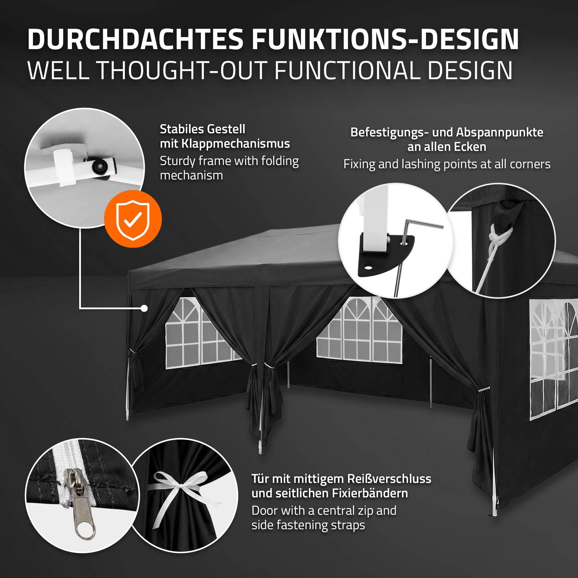 ECD Germany Carpa Plegable 3x6 m para Exteriores, Impermeable y Resistente al Viento, Pergola de Jardín, Cenador con 6 Paredes Laterales, Gazebo Negro Altura Regulable, para Fiestas, Camping, Eventos