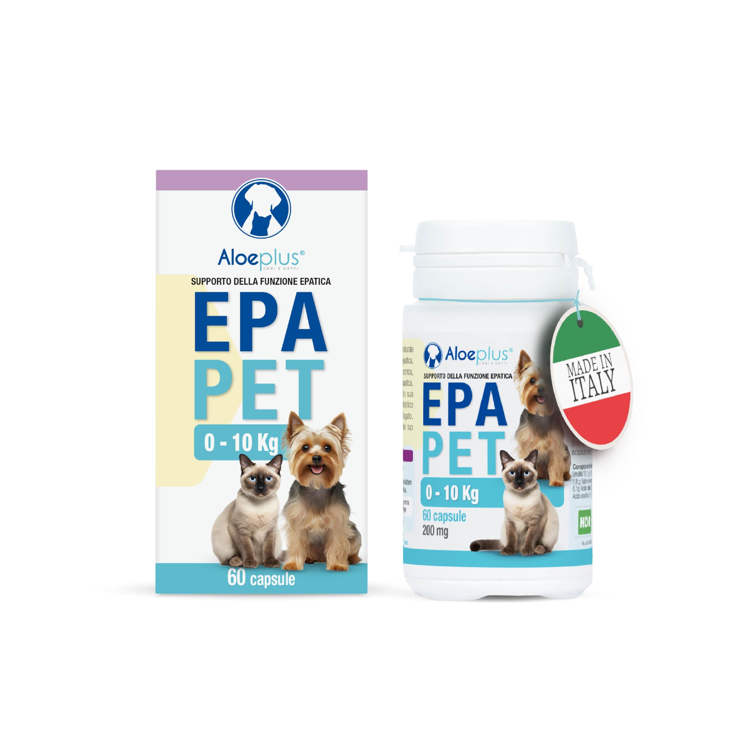 ALOEPLUS EpaPet - Integratore Naturale in Capsule per il Fegato di Cani e Gatti, con Cardo Mariano, Betaina e Vitamine, Senza Additivi Chimici, Dosaggio Personalizzato, 60 Capsule (0-10 kg)