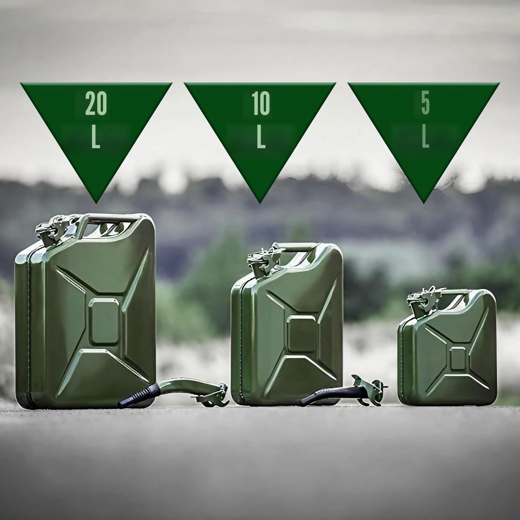 ESTO Benzinkanister aus Metall, Militärgrün, Fassungsvermögen 5 l, 10 l, 20 l, mit oder ohne Ausgießer, Sicherheitsverschluss, rostfrei, zertifiziert für den Transport gefährlicher Güter 10 Liter/mit
