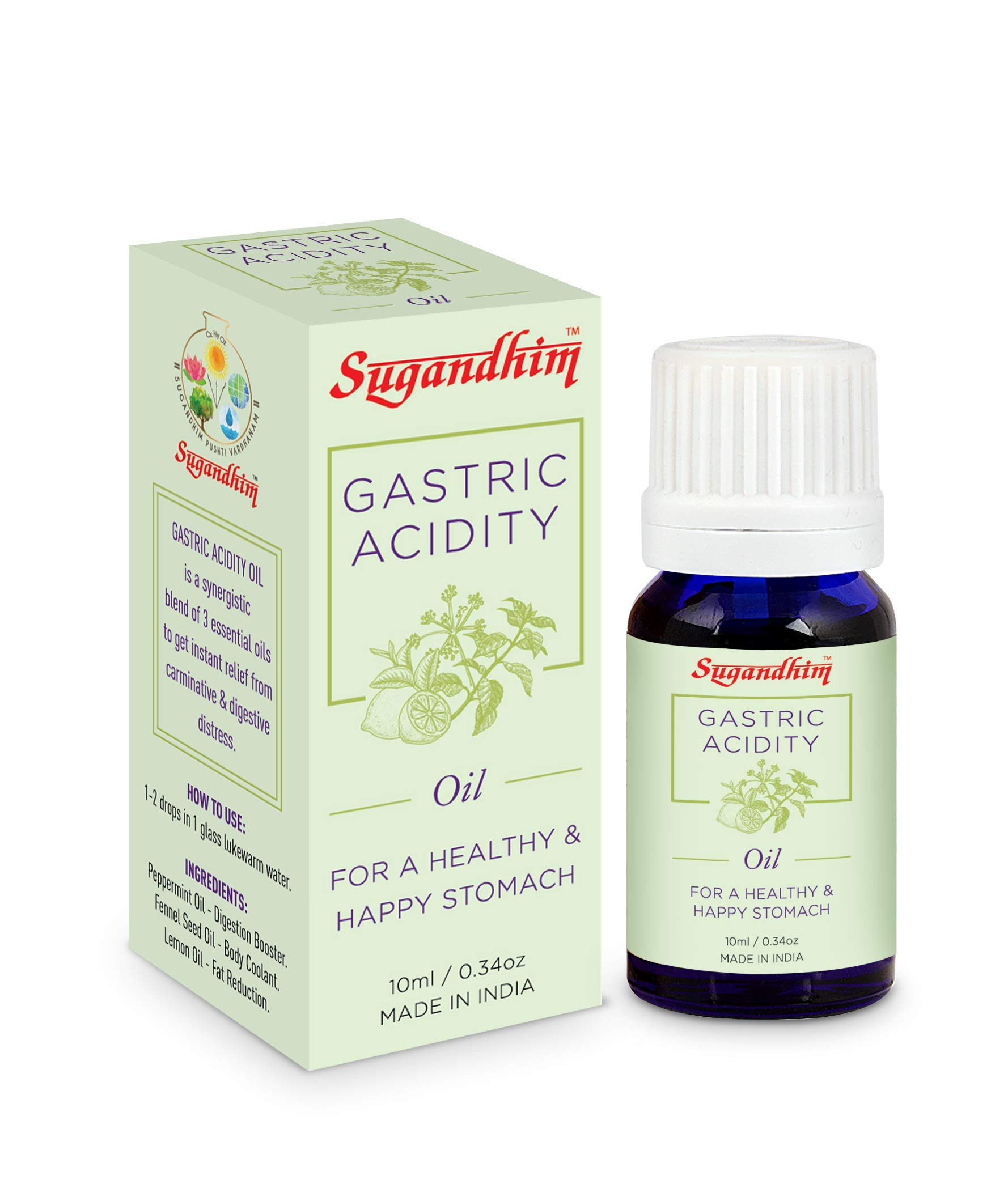 Sugandhim Stomach Gastric Acidity Oil 10ml with Natural Peppermint, Lemon & Fennel Blend, Soothing Relief from Gas, Constipation, Bloating, Acid Reflux & Heartburn, Boosts Digestive Support & Immunity