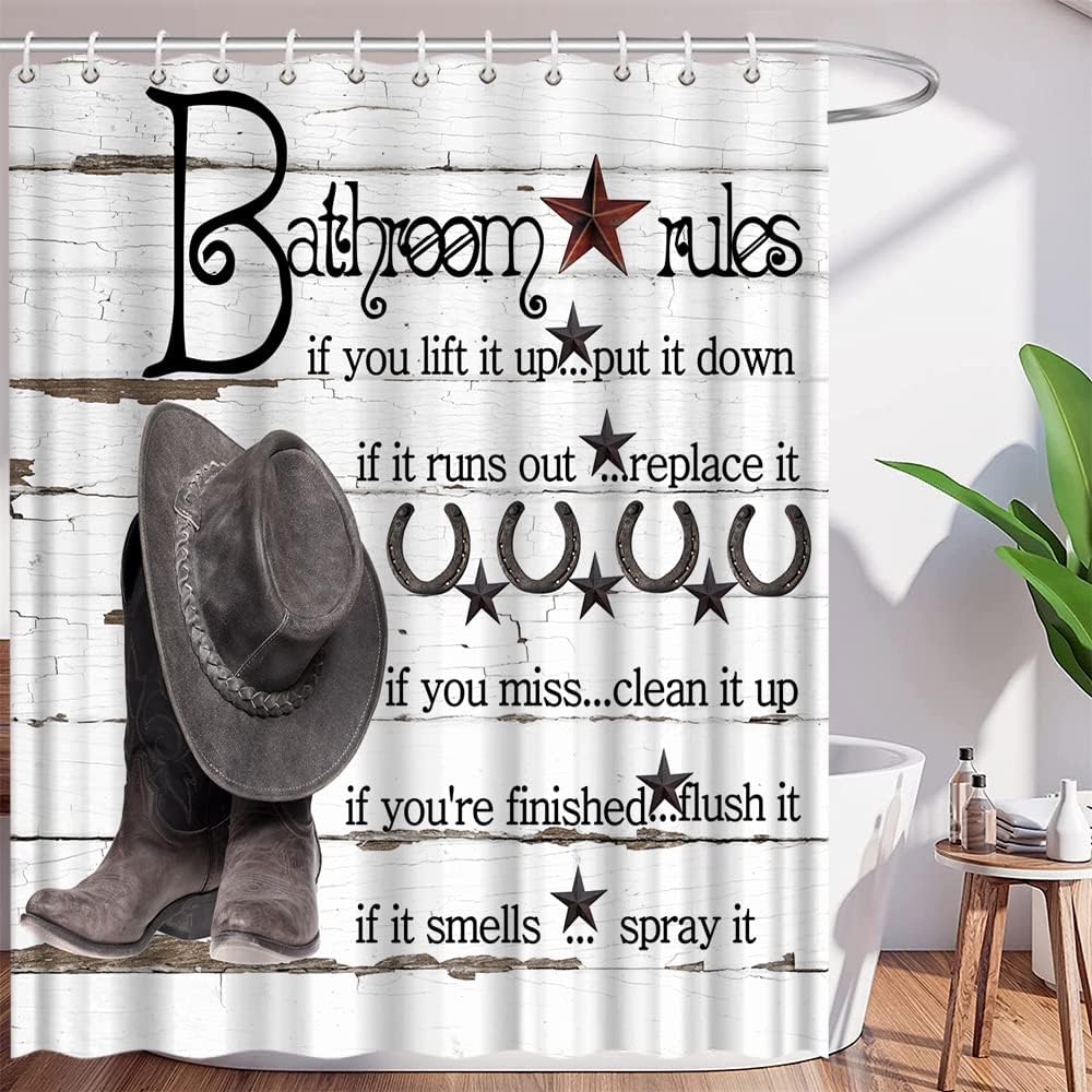 GCTNBJL Family Bathroom Rules Shower Curtain Black Funny Quotes Rustic Gray Wooden Western Cowboy Hat Boot Rusty Star Horseshoe Vintage Farmhouse Rural Bathroom Decor Fabric Curtain with Hooks