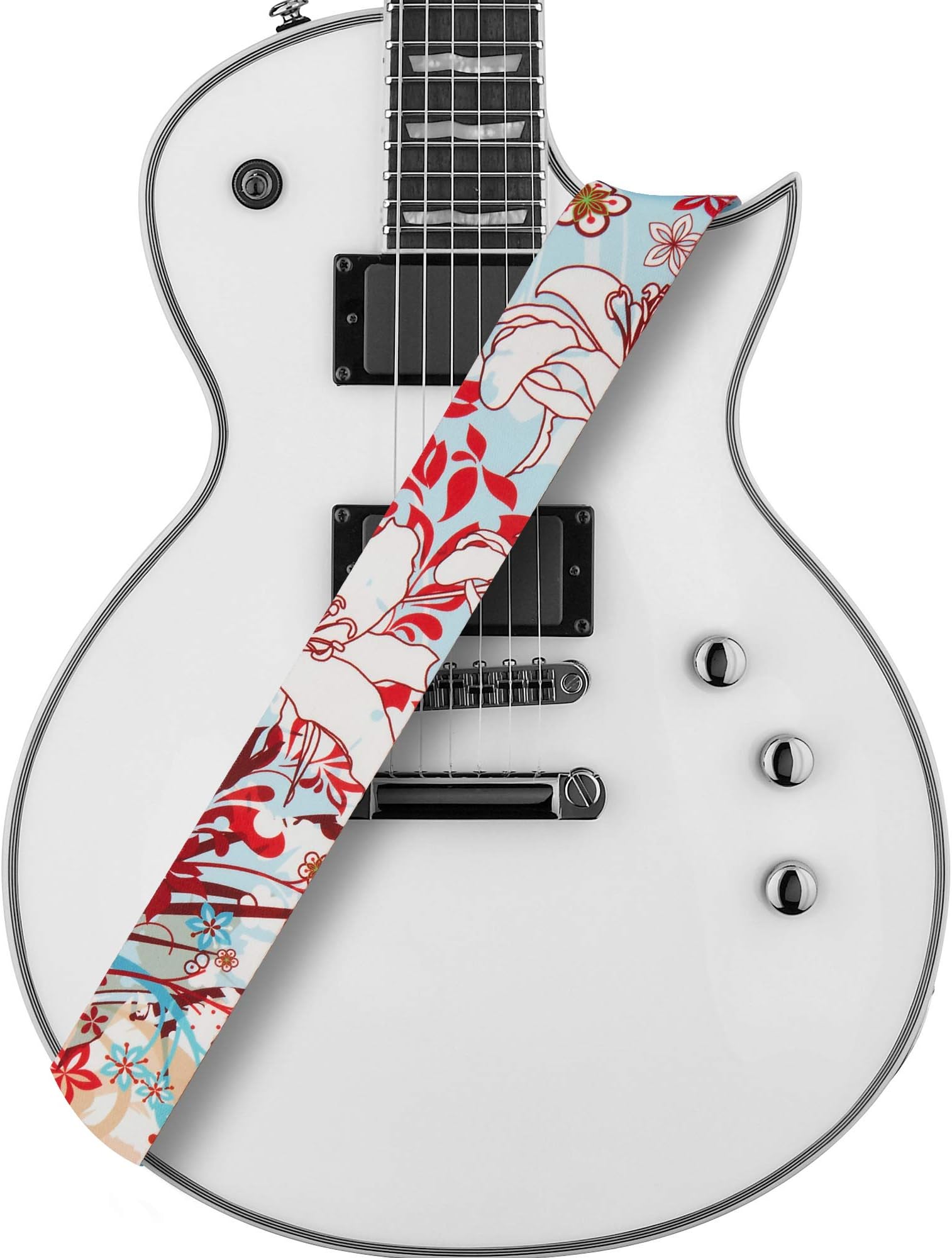 Amumu Guitar Strap White Lily Flower Light Blue Polyester Cotton for Acoustic, Electric, and Bass Guitars with Strap Blocks & Headstock Strap Tie - 2" Wide