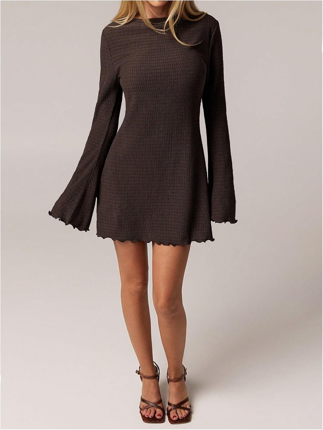 Women's Lettuce Trim Mini Dress Y2k Bell Long Sleeve Crew Neck Going Out Party Dresses - Image 3