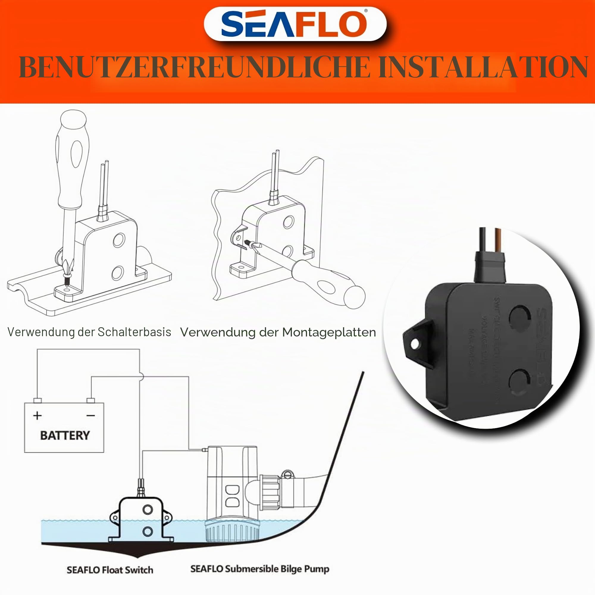 SEAFLO 20 A Solid-State-Elektrofeld-Lenzpumpenschalter 12/24 V – Intelligenter Wasserstandssensor, für Marine-Bilgepumpen, keine beweglichen Teile