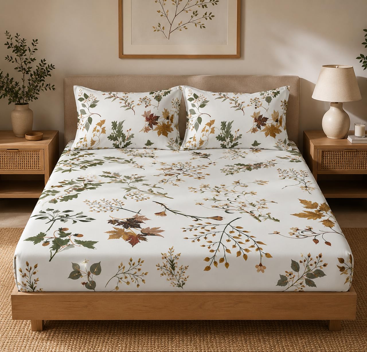LOOMLYFE 300 TC Cotton Feel Glace Cotton Elastic Fitted Printed King Size Double Bed Bedsheet with 2 Pillow Covers Fits Upto 8 inches Mattress, Size- 72X78 Inches, WhiteMaple