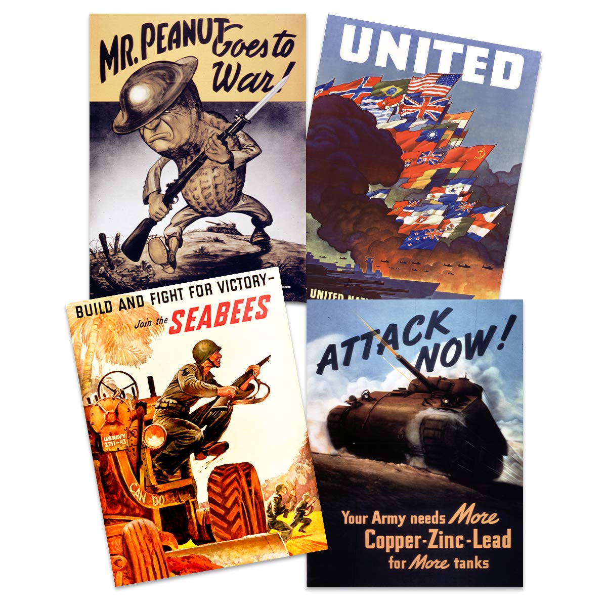 Artery8 US Military World War 2 Army United Seabees Tank Mr Peanut Home Decor Premium Wall Art Poster Pack of 4