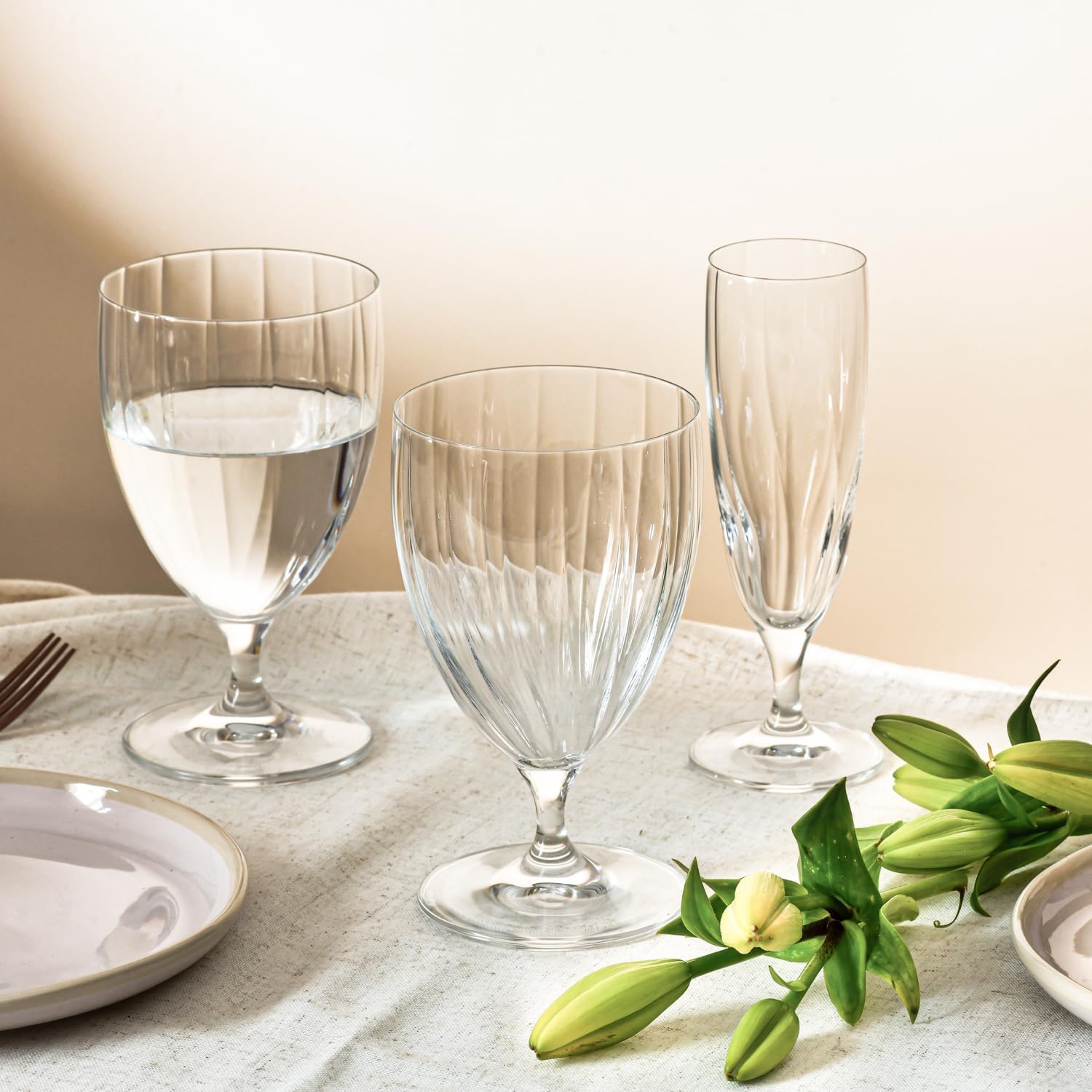 Krosno Bicchieri da Acqua Set di 4, 440 ml, Ondulato, Collezione Prima LUMI | Tumbler con stelo, bevande, cocktail, succo, vino, Vetro Cristallo senza piombo, Lavabili in lavastoviglie, Idea regalo