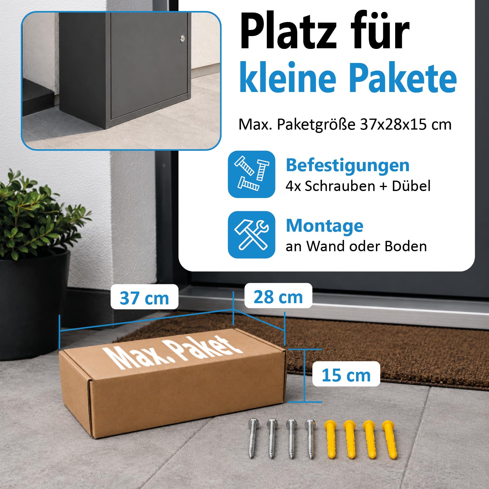Bituxx Paketbox Größe M 54 × 45 × 35 cm - abschließbarer Paketkasten für kleine Pakete bis 37 × 28 × 15 cm, wetterfest, Soft-Close, 2 Schlüssel, Wand- & Bodenmontage, Anthrazit