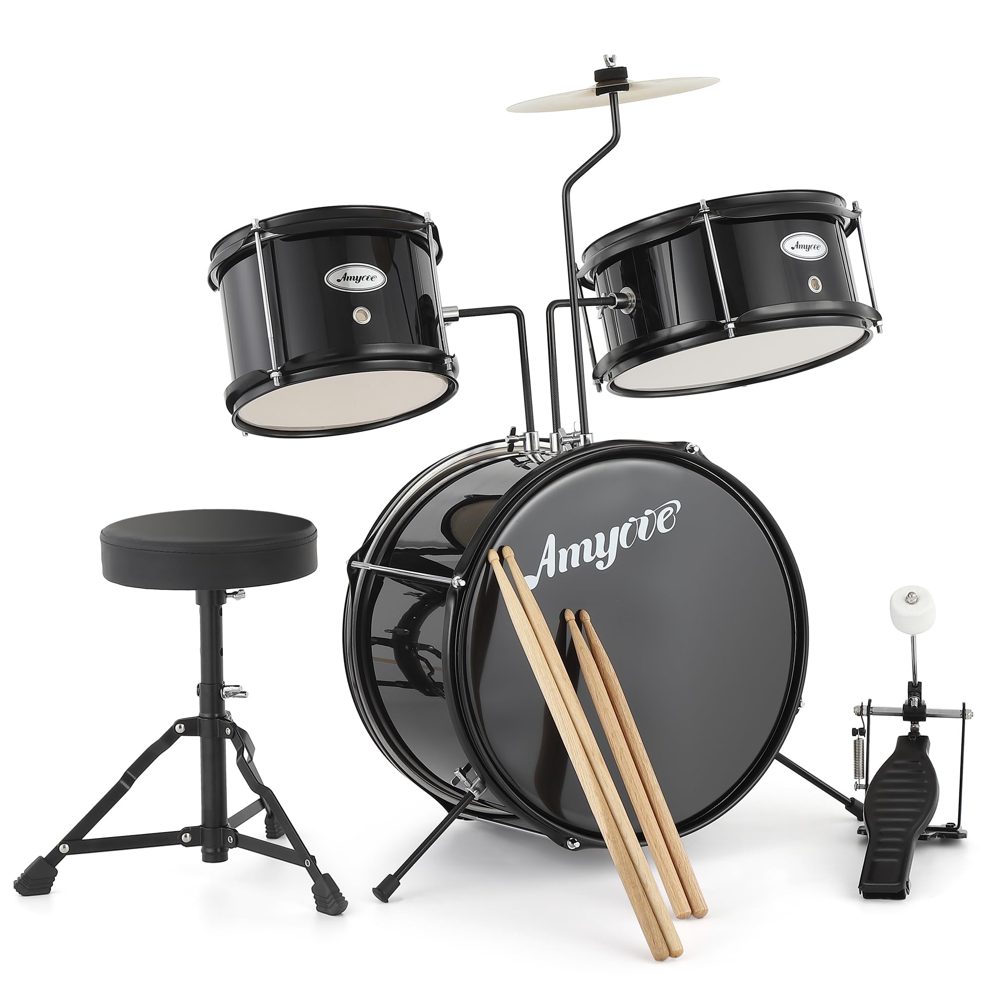 Set Batteria Bambini 3 Pezzi – Kit Principianti con Grancassa, 2 Tom, Piatti, Pedale, Sgabello, Bacchette – Strumento Musicale Educativo per Jazz e Rock – Materiale Legno/Metallo – Nero
