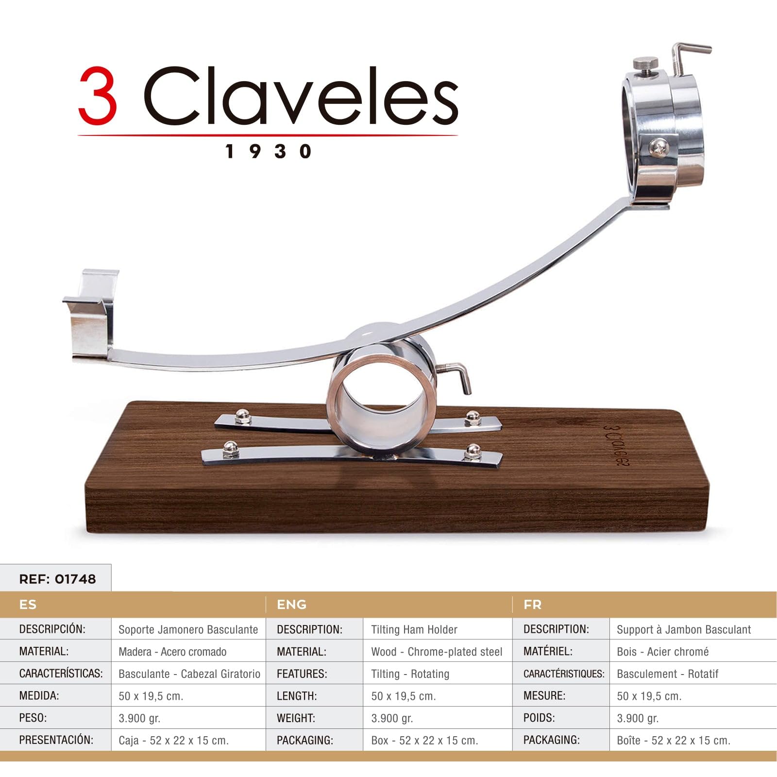 3 CLAVELES Jamonero BASCULANTE 3C Multitool Métal 20 x 5 x 18 cm